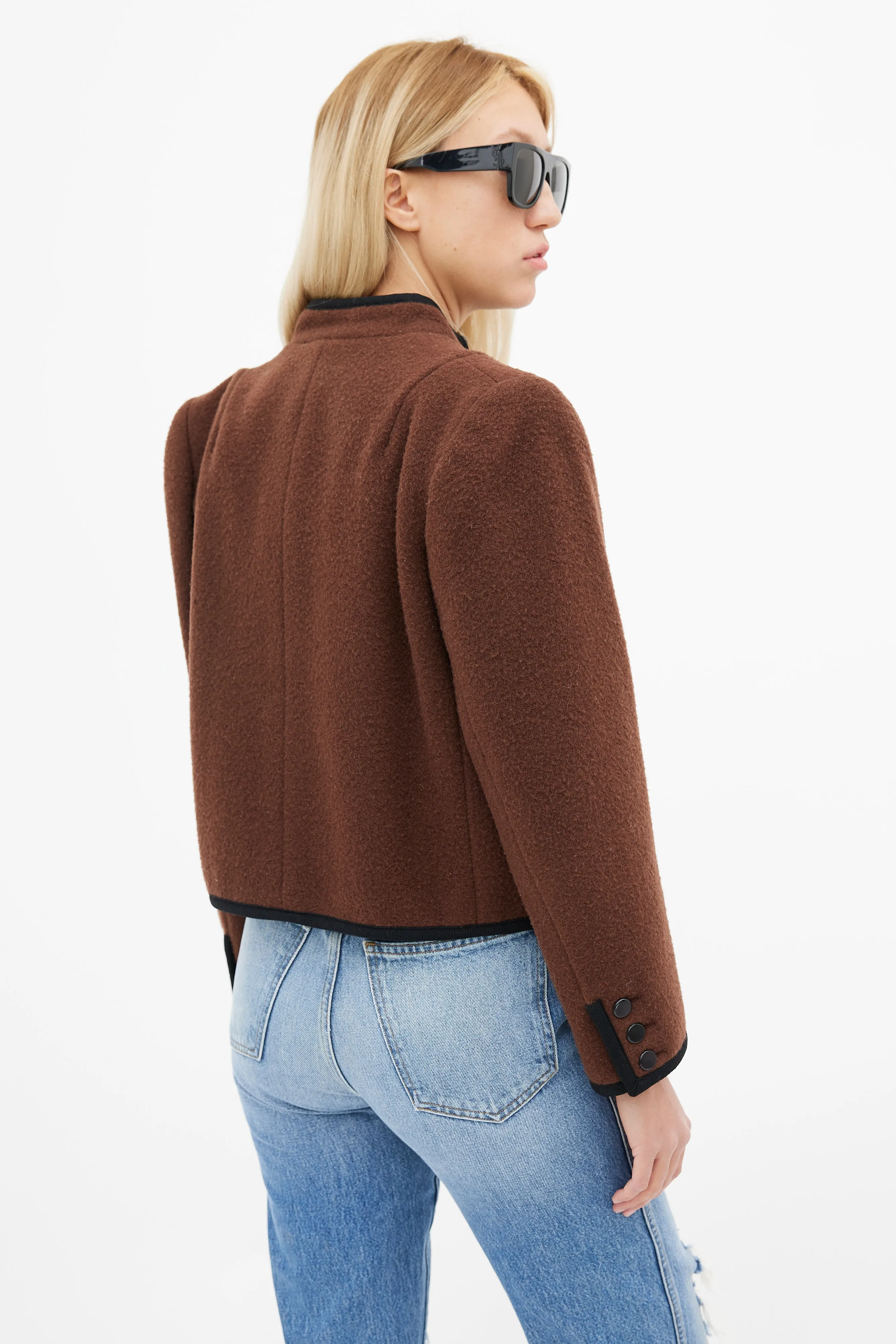 80s Brown Wool & Black Trim Cropped Blazer