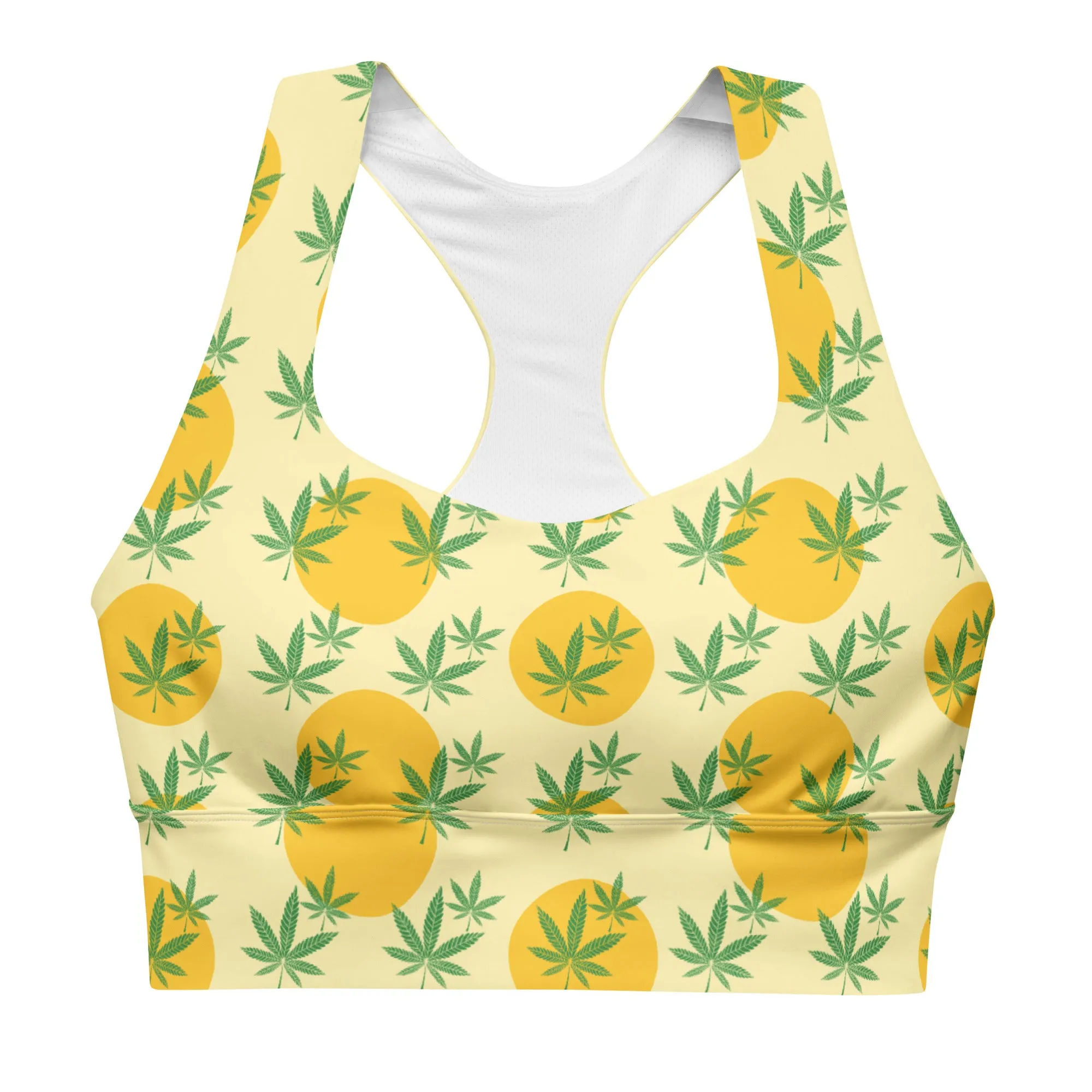 Banana Mania And Green Weed Leaf Longline Sports Bra