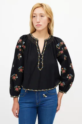 Black Cotton Floral Embroidered Blouse