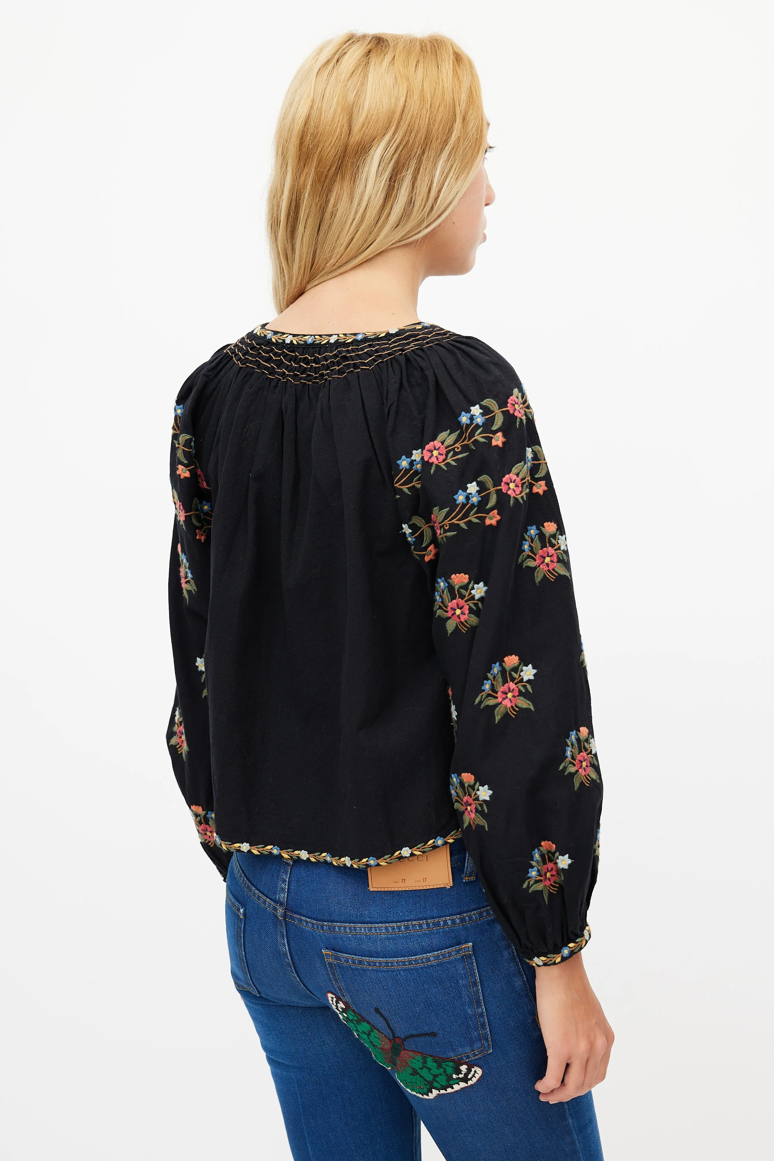 Black Cotton Floral Embroidered Blouse