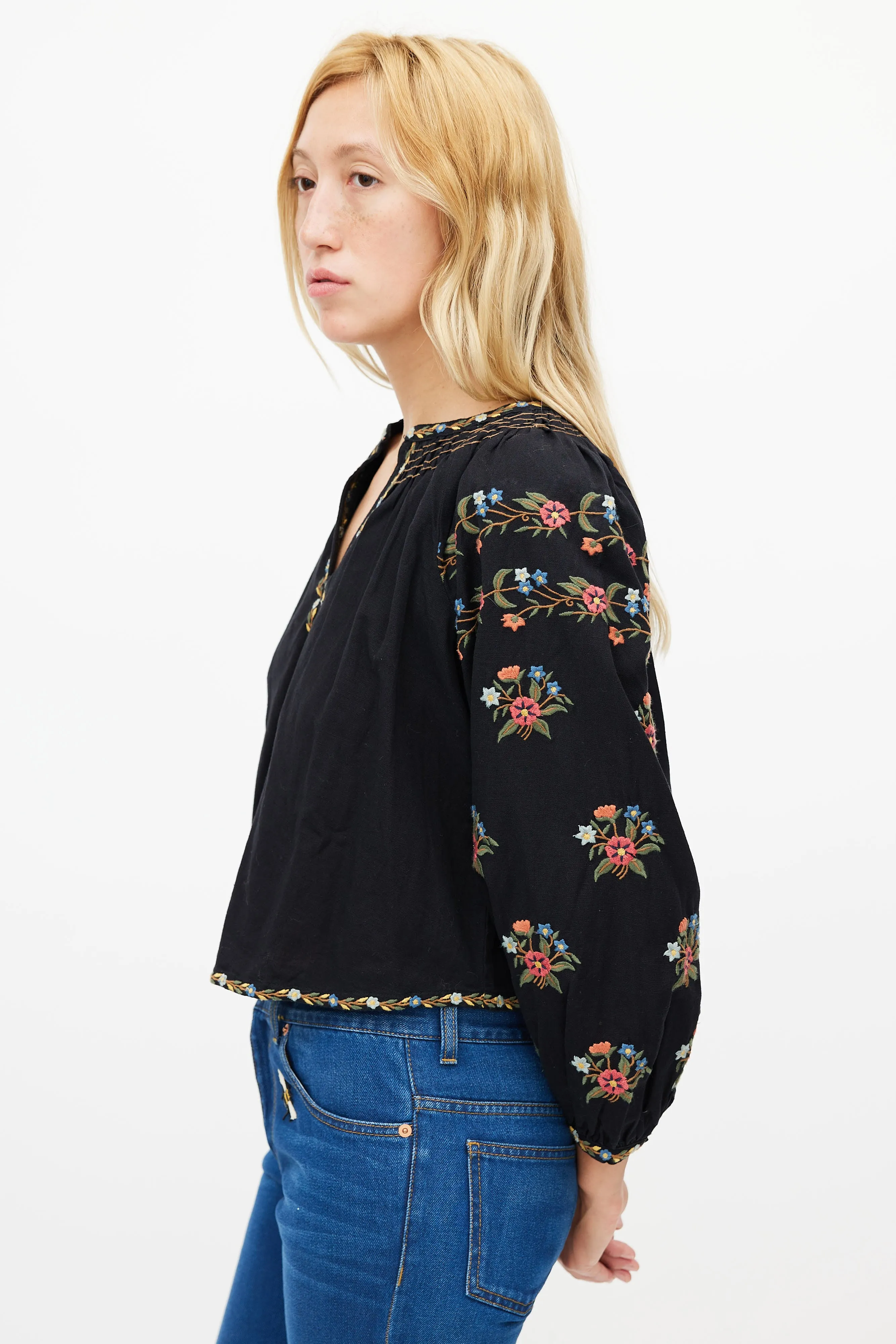 Black Cotton Floral Embroidered Blouse