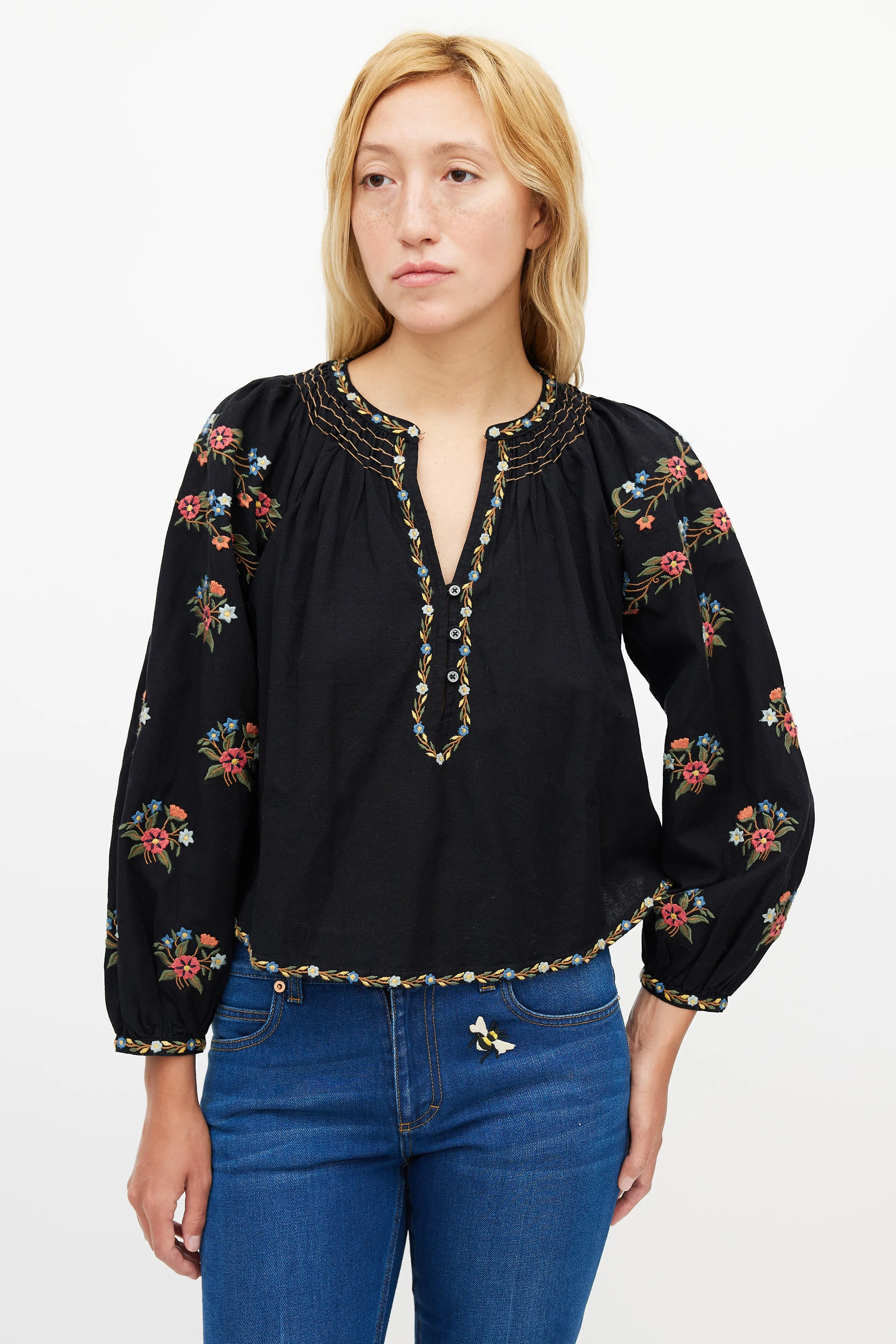 Black Cotton Floral Embroidered Blouse