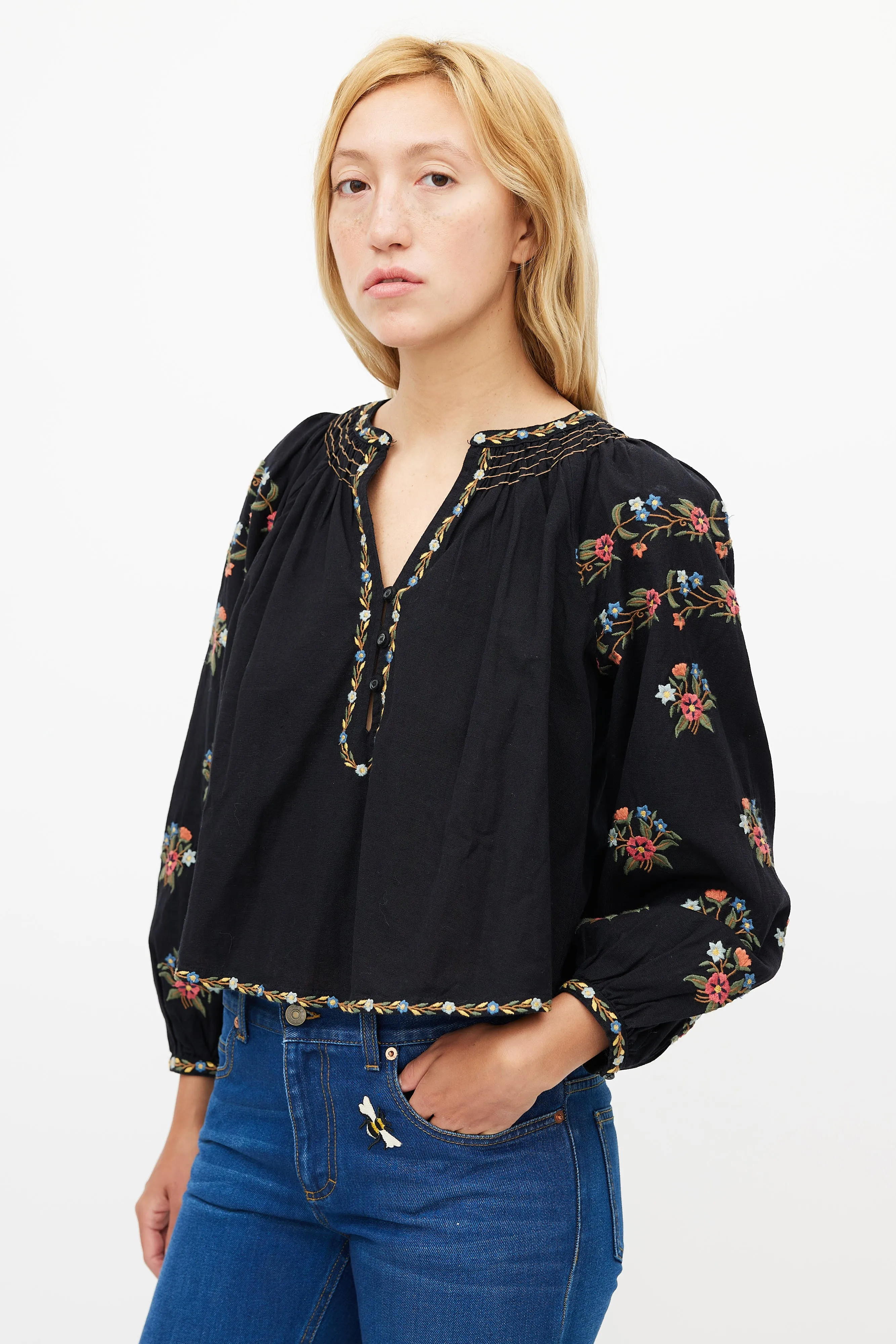 Black Cotton Floral Embroidered Blouse