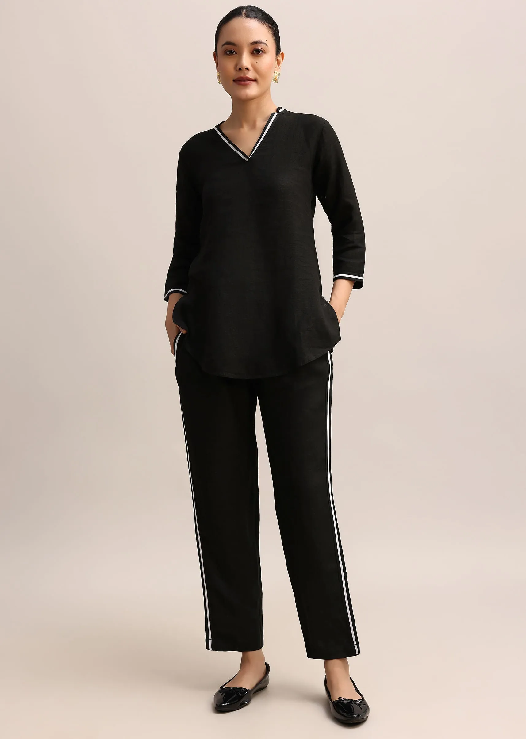 Black Linen Top And Pant With Patch Work