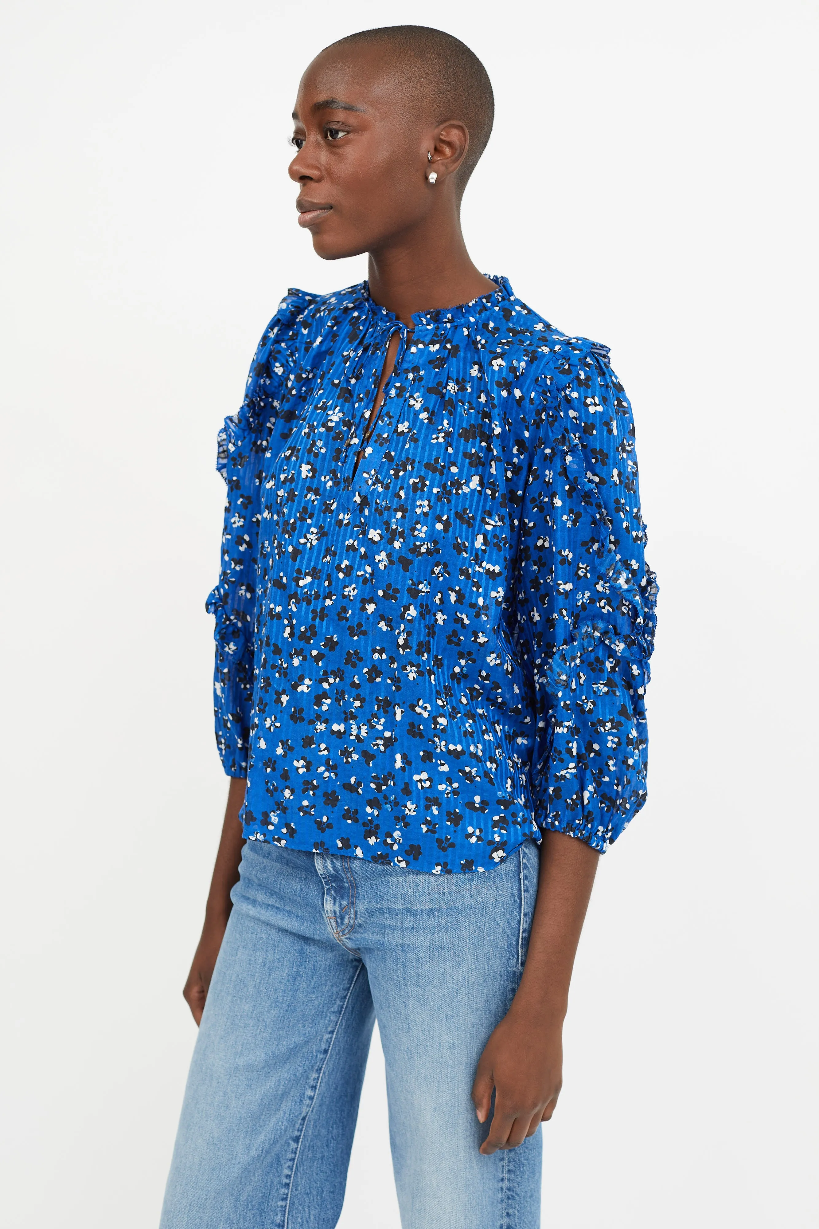 Blue Floral Print Ruffled Blouse