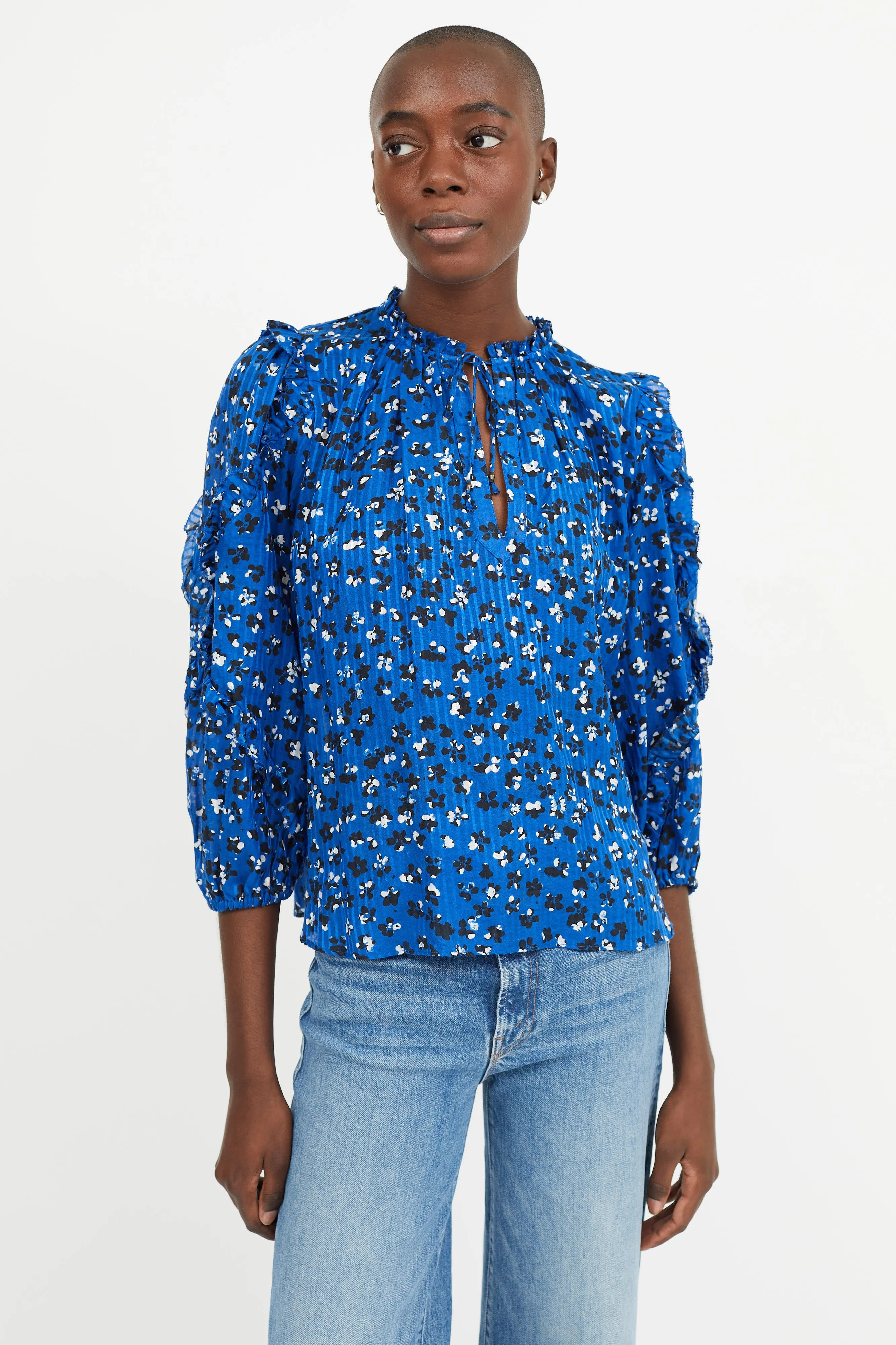 Blue Floral Print Ruffled Blouse
