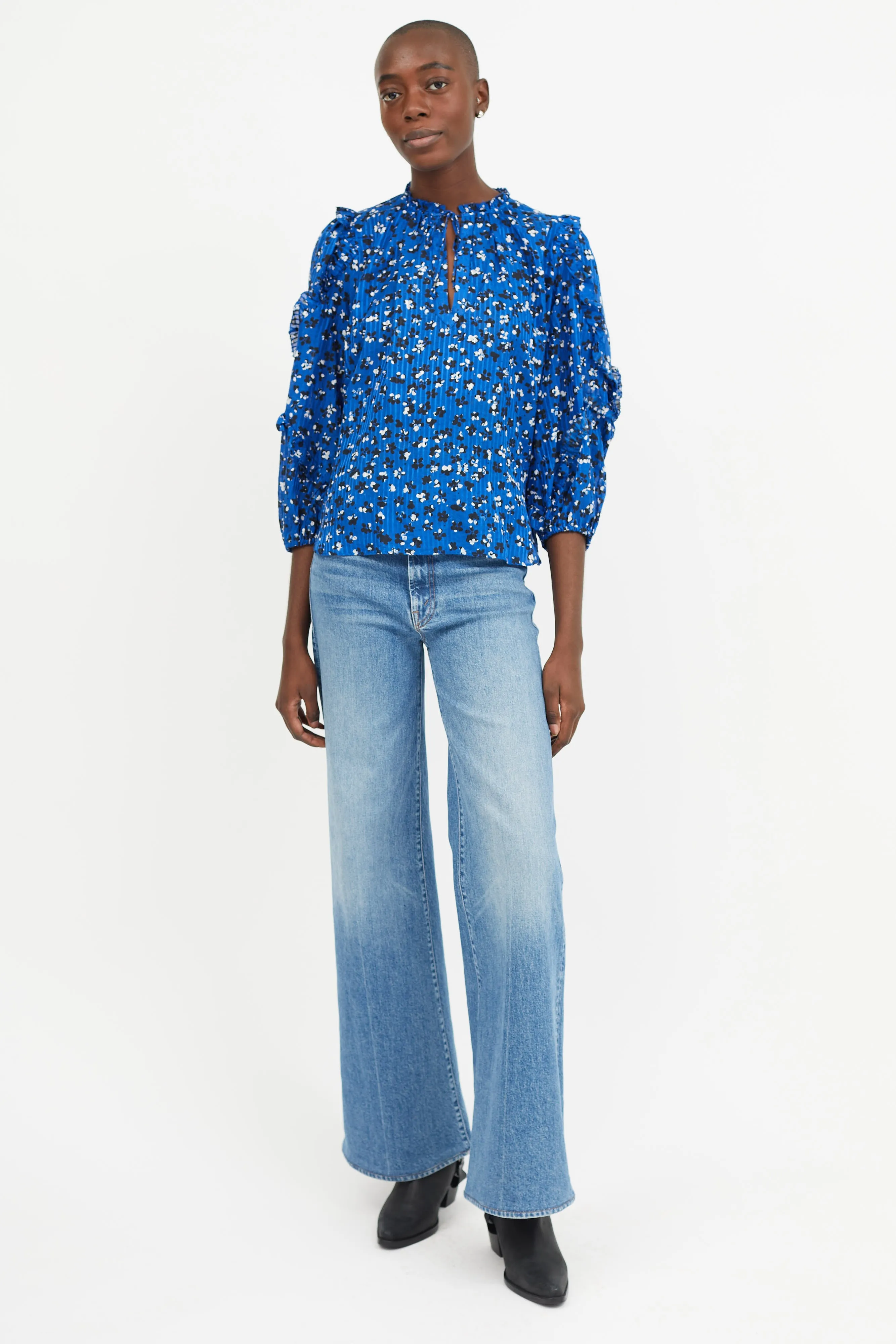 Blue Floral Print Ruffled Blouse