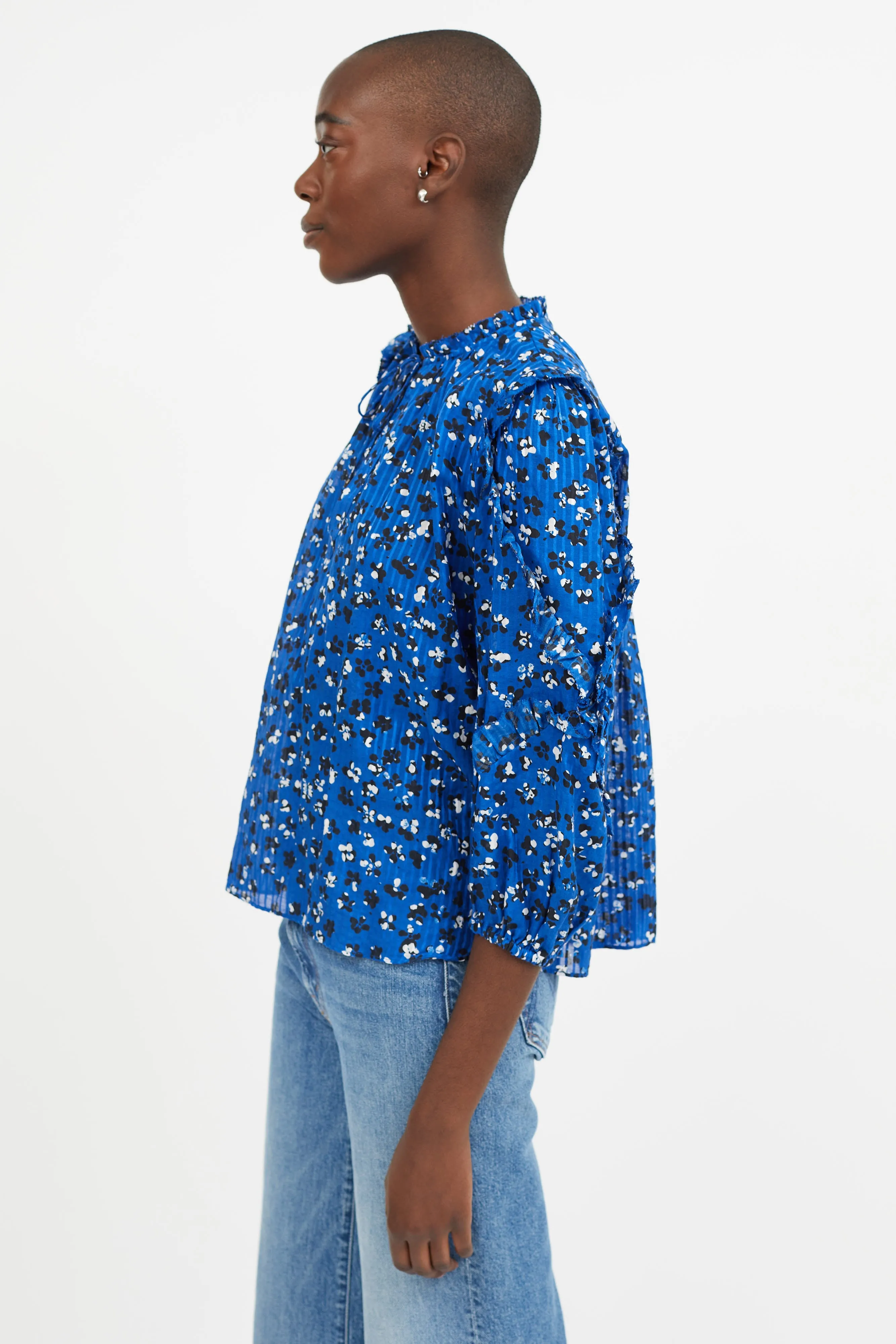 Blue Floral Print Ruffled Blouse
