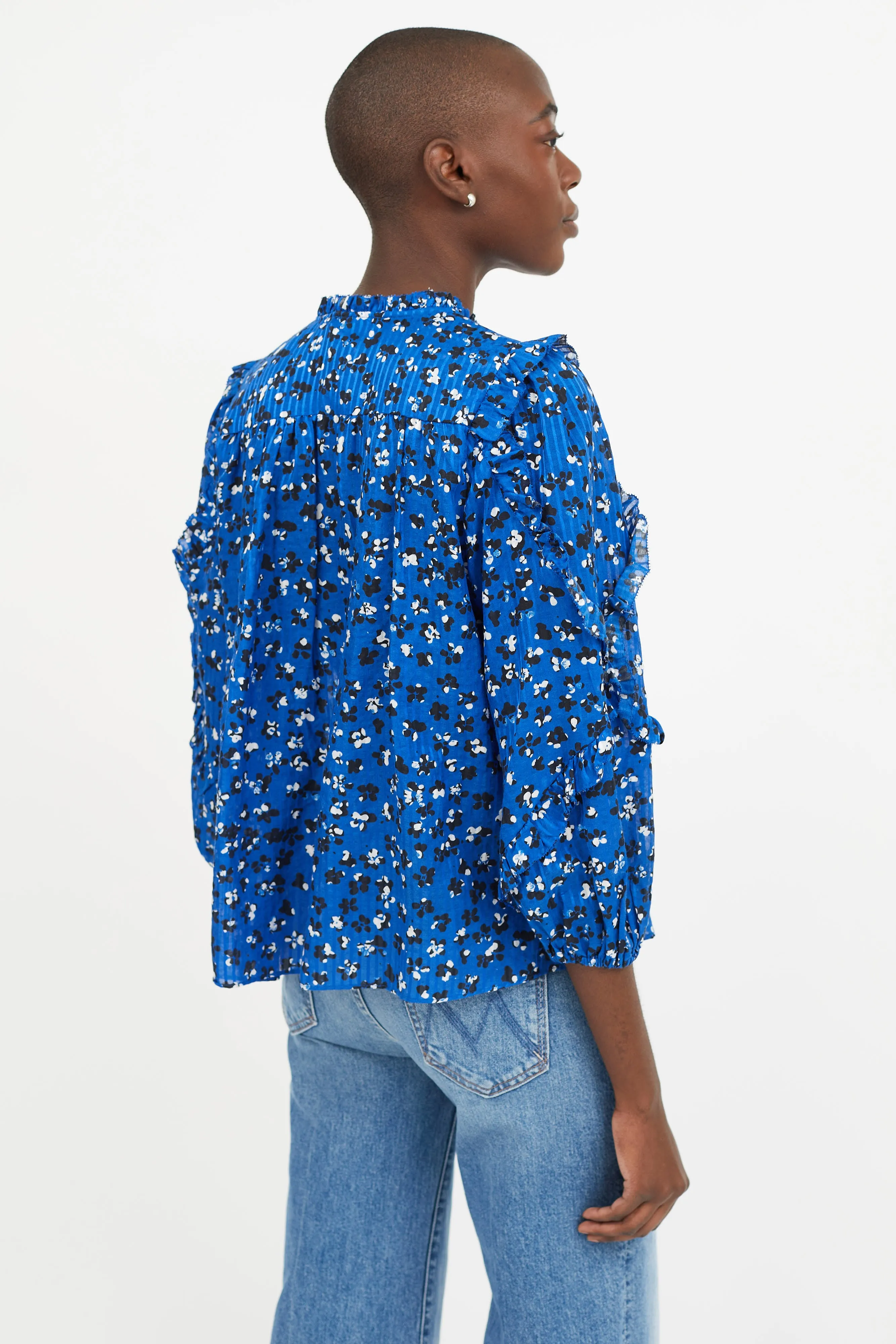 Blue Floral Print Ruffled Blouse