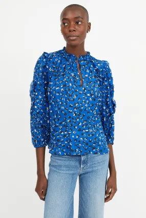 Blue Floral Print Ruffled Blouse