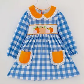 Blue Plaid Pumpkin Smocked Dress