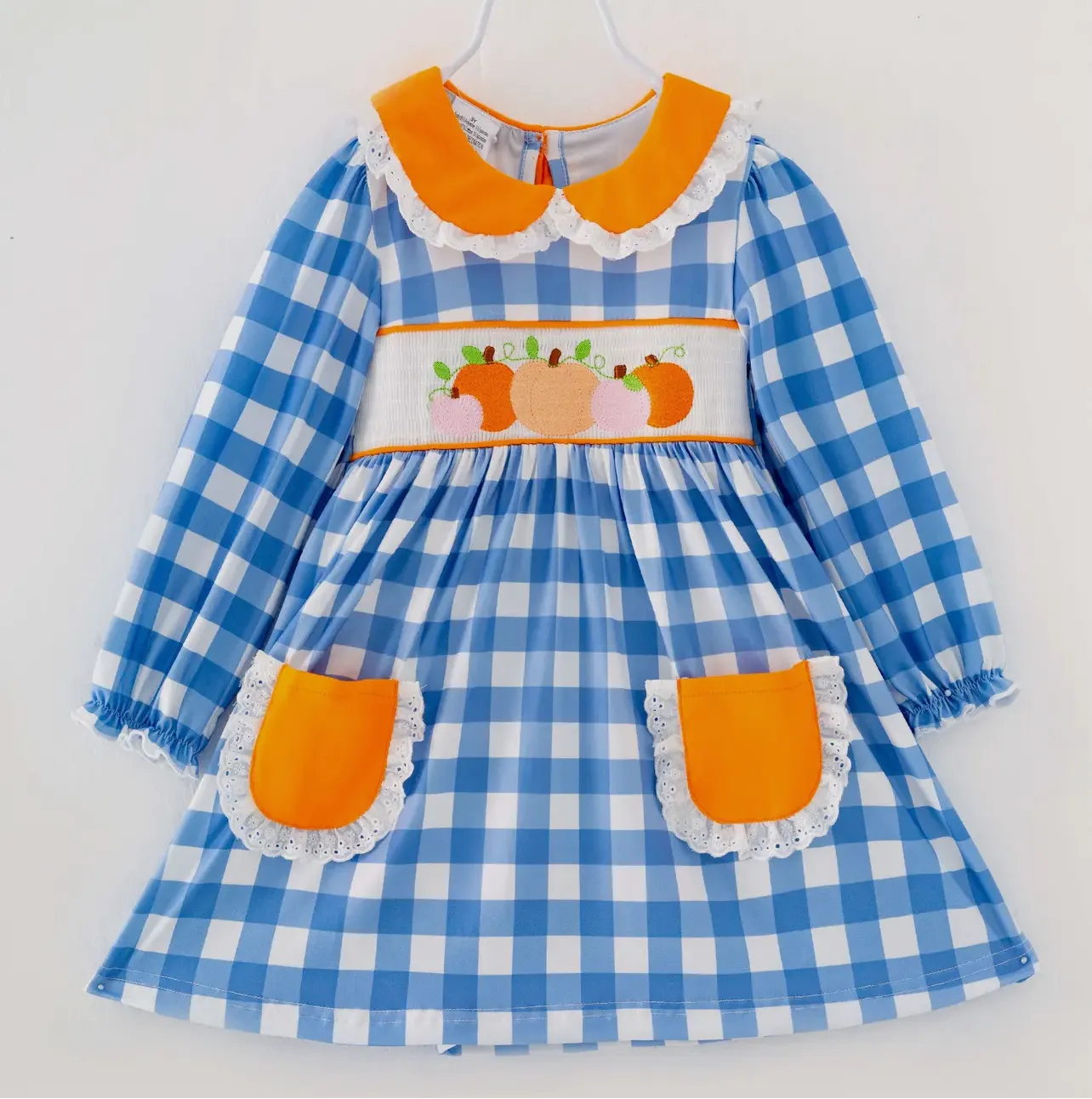 Blue Plaid Pumpkin Smocked Dress
