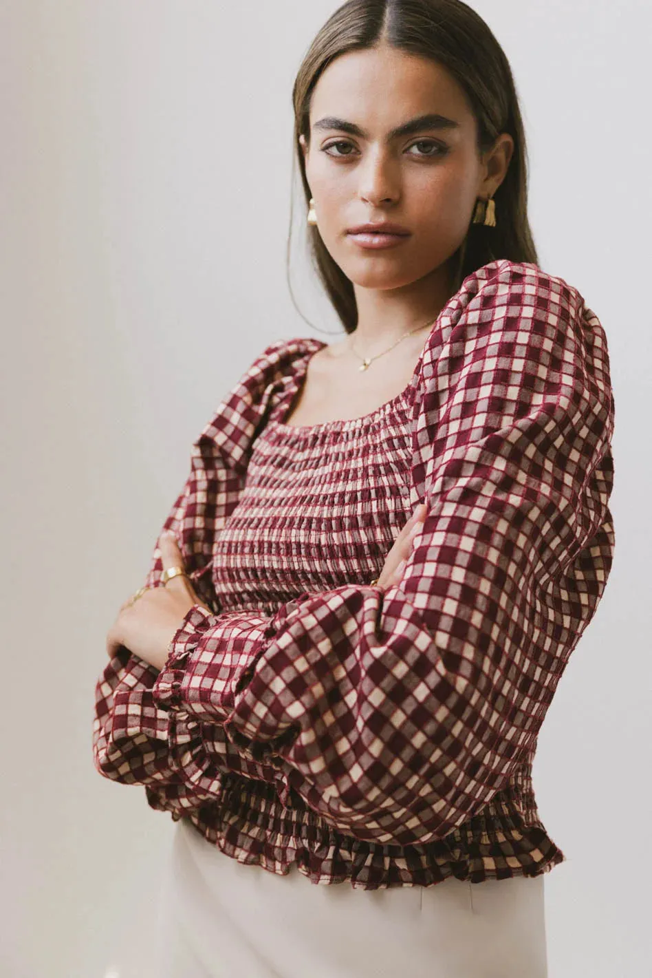 Brinklee Smocked Blouse in Burgundy