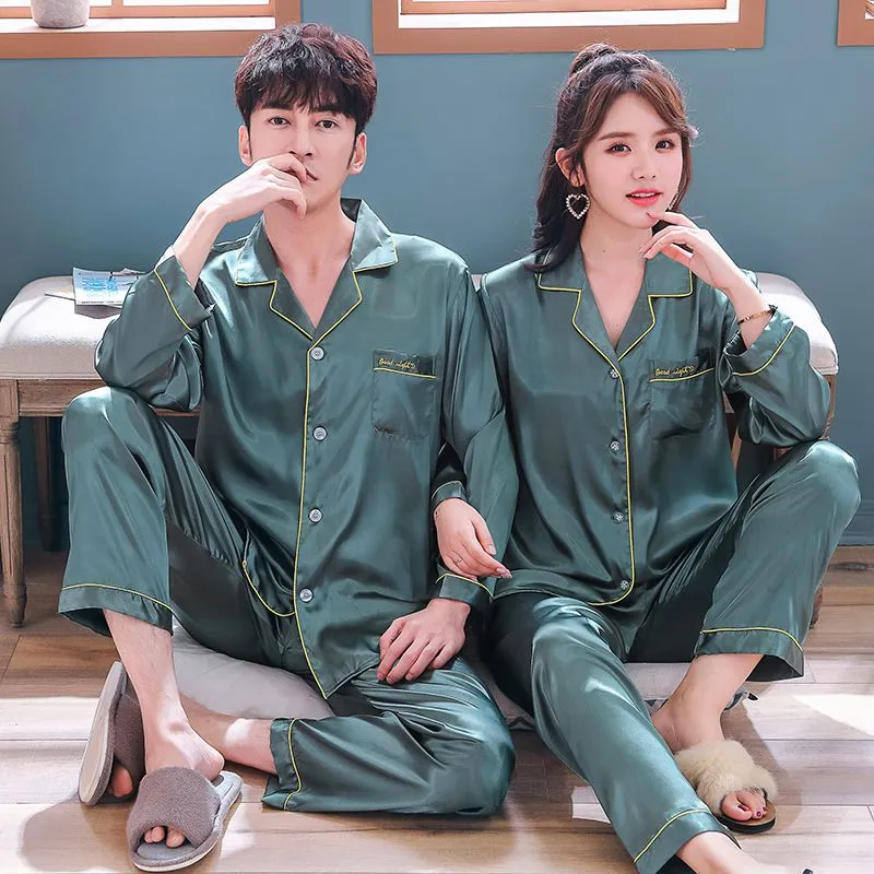 Couple Embroidery Ice Silk Pajamas Set