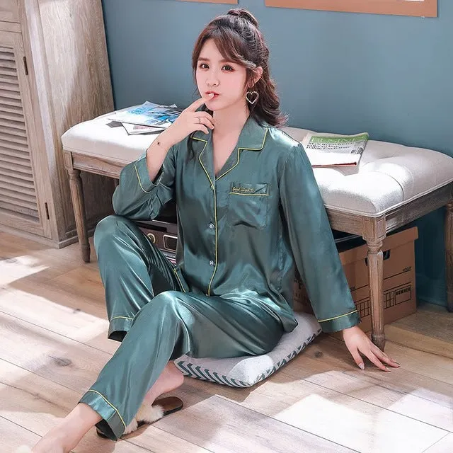 Couple Embroidery Ice Silk Pajamas Set