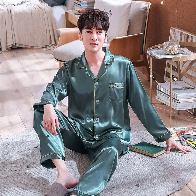 Couple Embroidery Ice Silk Pajamas Set