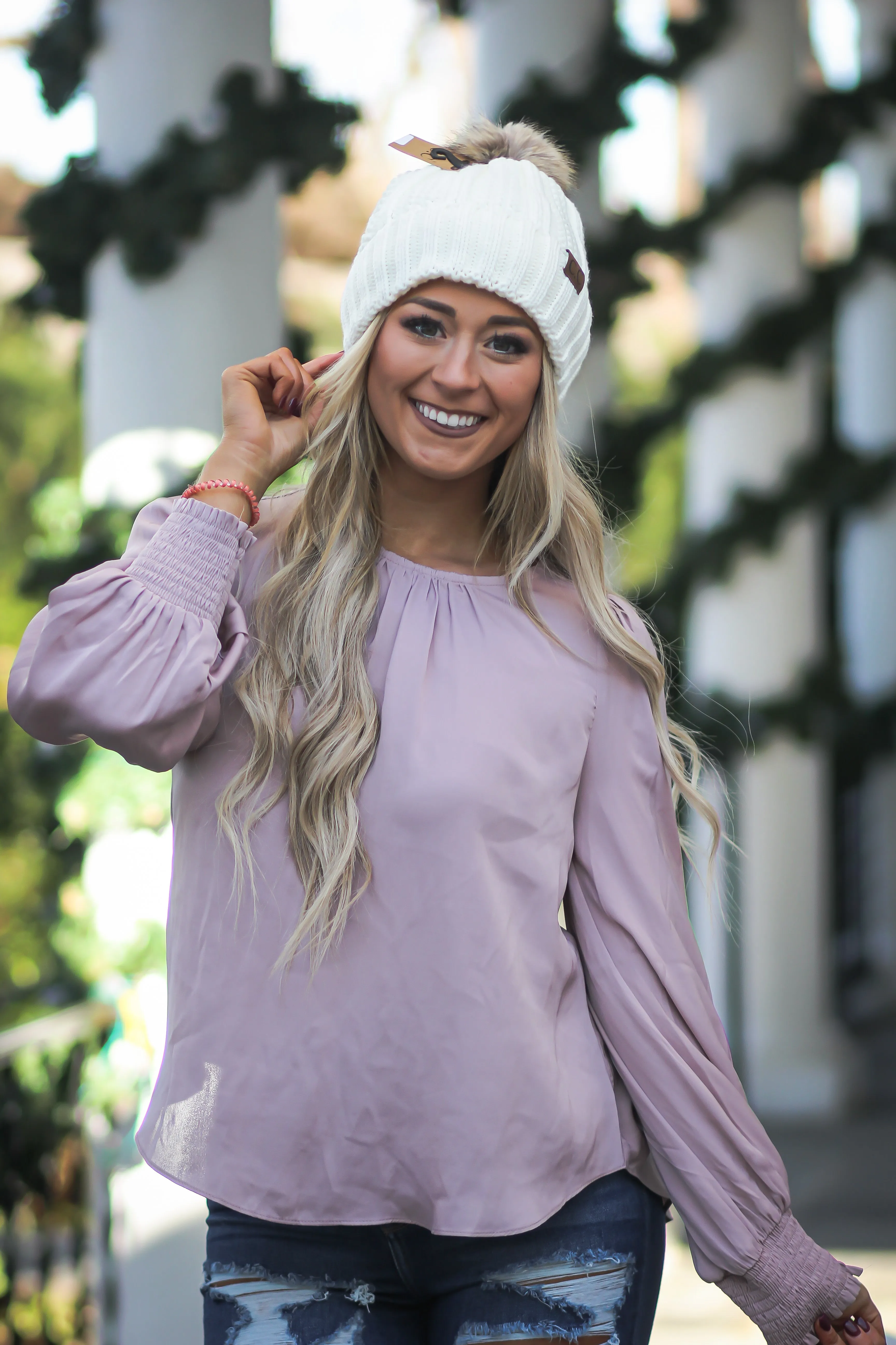 Dusty Mauve Smocked Balloon Sleeve Blouse