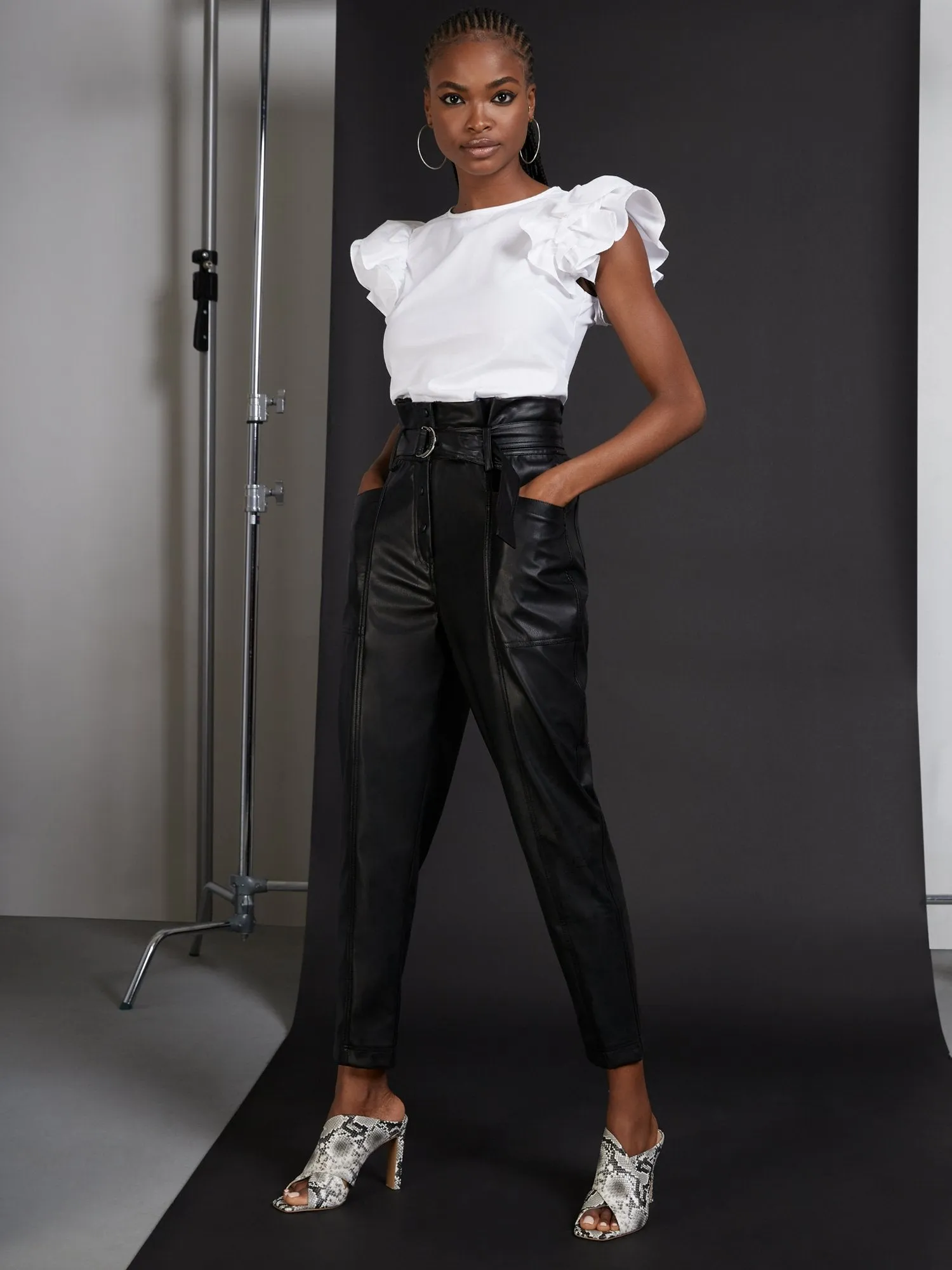 Faux-Leather Paperbag Ankle Pant