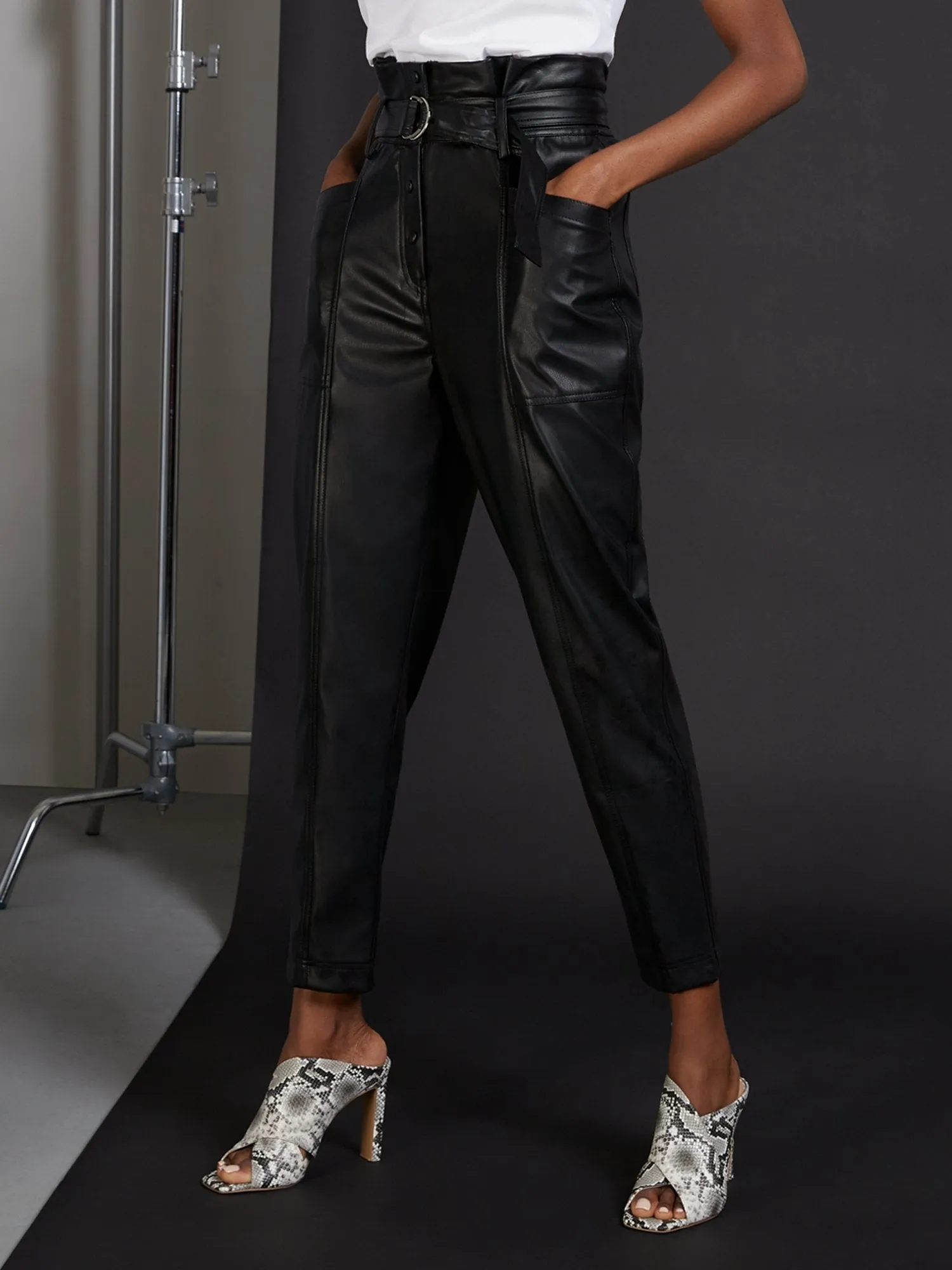 Faux-Leather Paperbag Ankle Pant