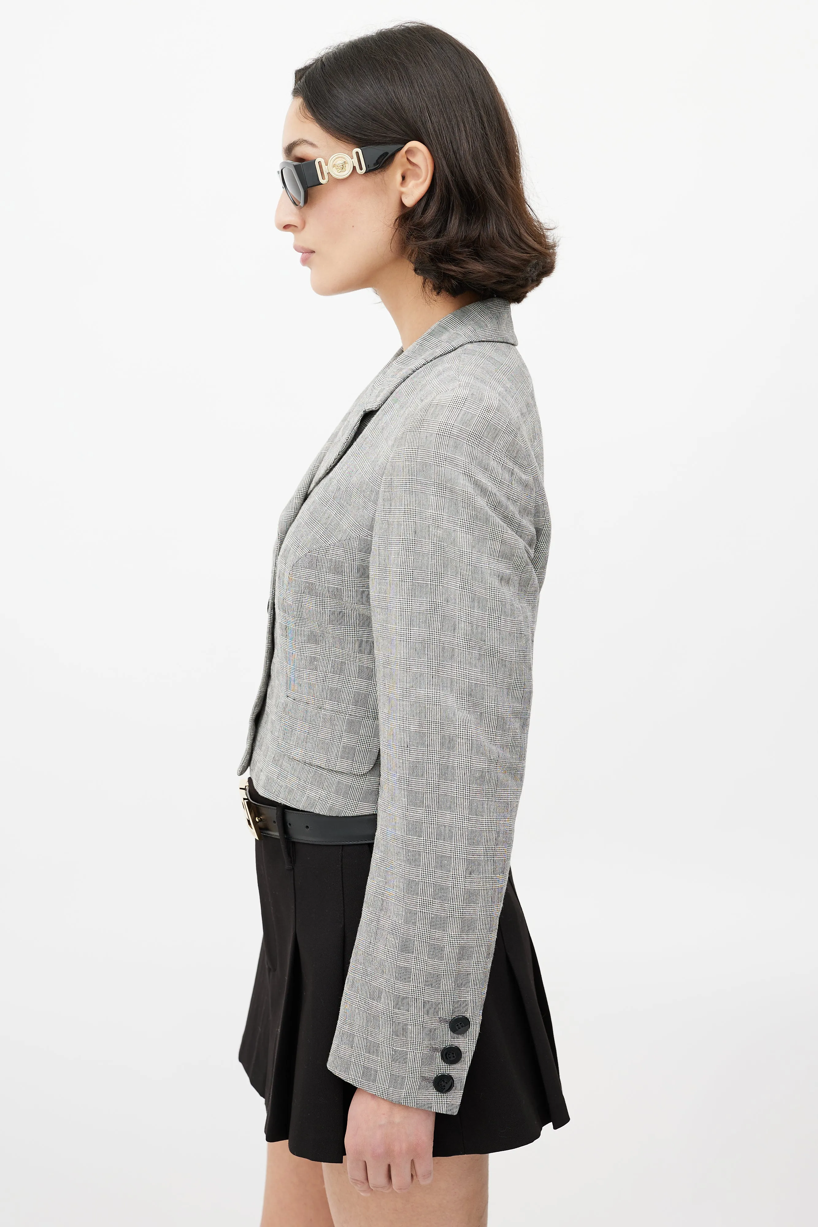 Grey & Black Check Cropped Blazer