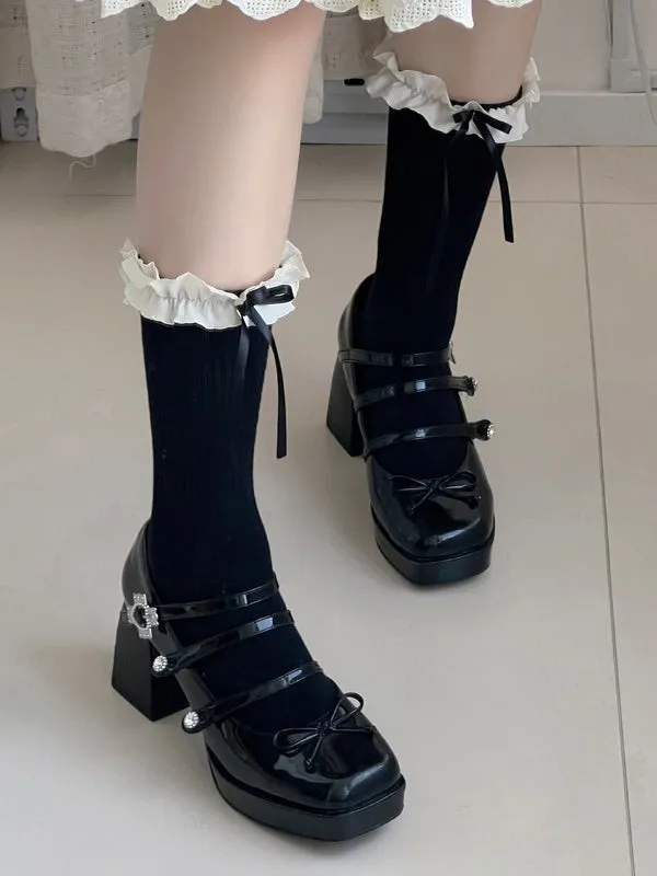 Grey Sweet Bowknot Ruffled Cuff Calf Socks