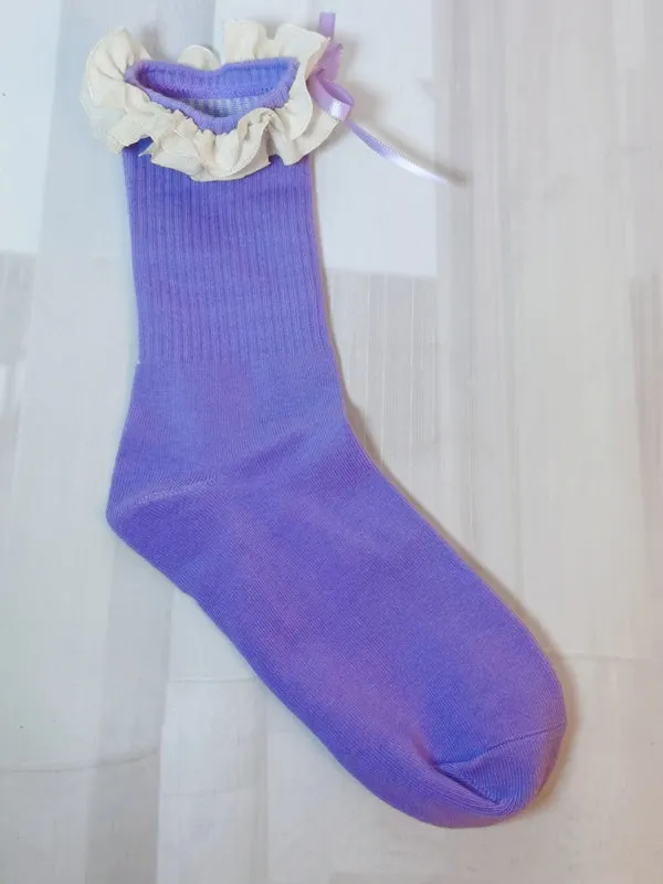Grey Sweet Bowknot Ruffled Cuff Calf Socks