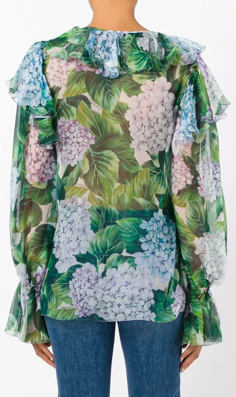 Hydrangea Print Ruffled Blouse