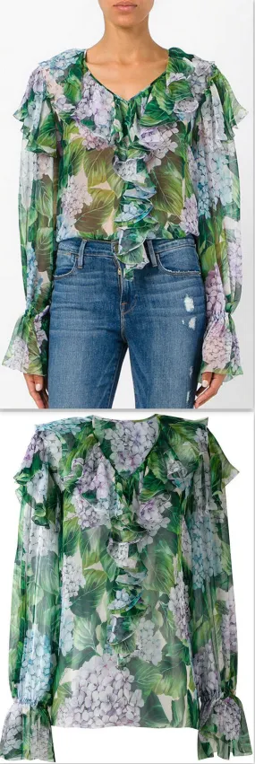 Hydrangea Print Ruffled Blouse