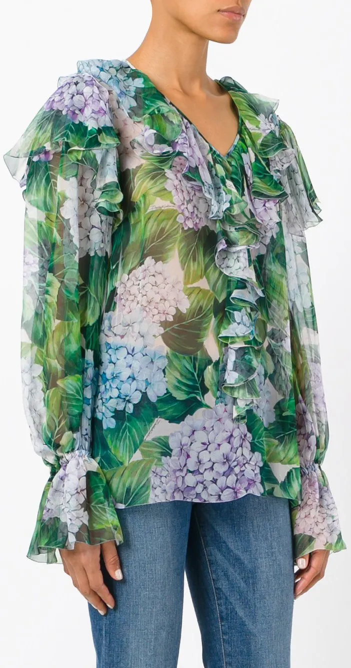 Hydrangea Print Ruffled Blouse