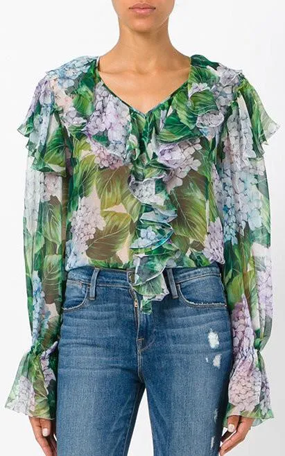 Hydrangea Print Ruffled Blouse