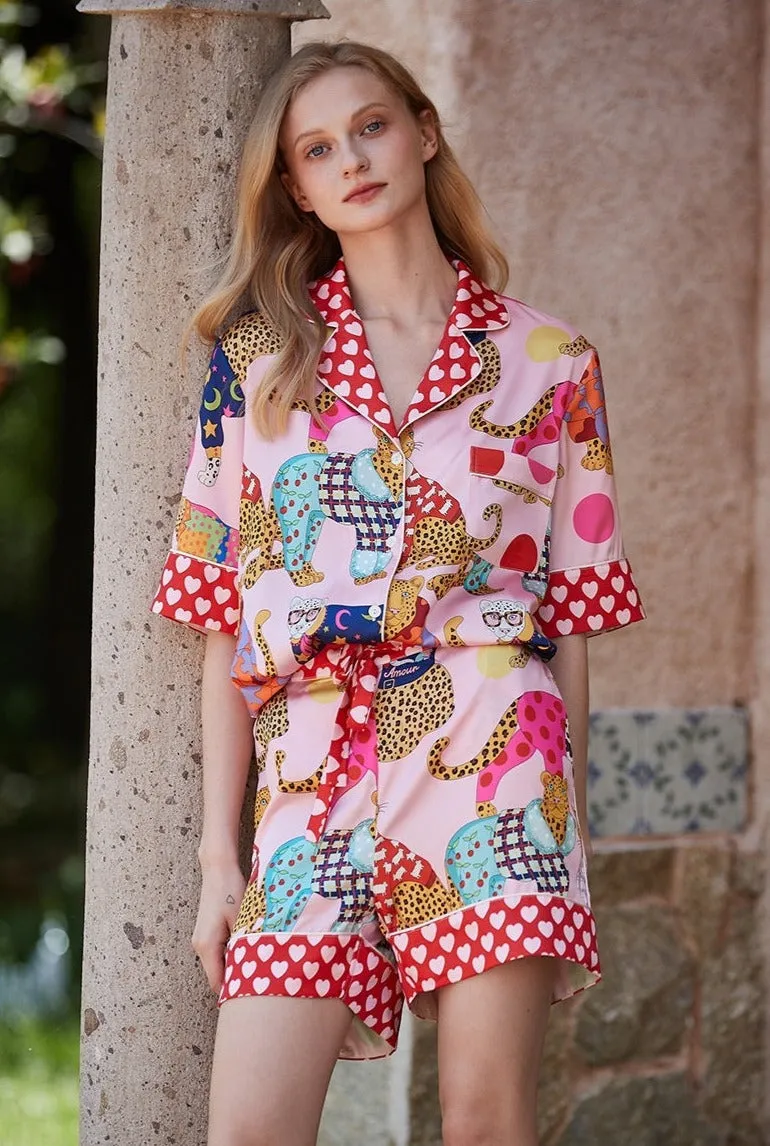 Ice Silk Short Sleeve & Shorts Cat Pajamas