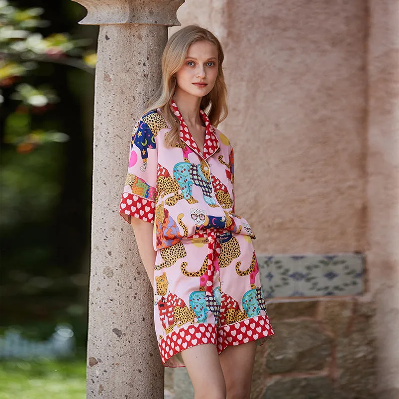 Ice Silk Short Sleeve & Shorts Cat Pajamas