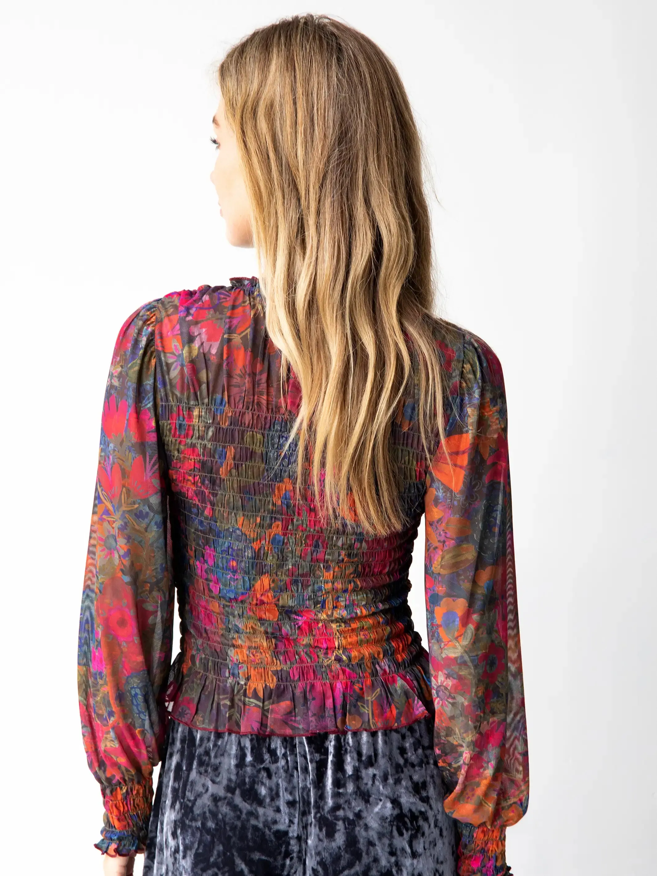 Juliana Mesh Smocked Top - Dark Floral Garden