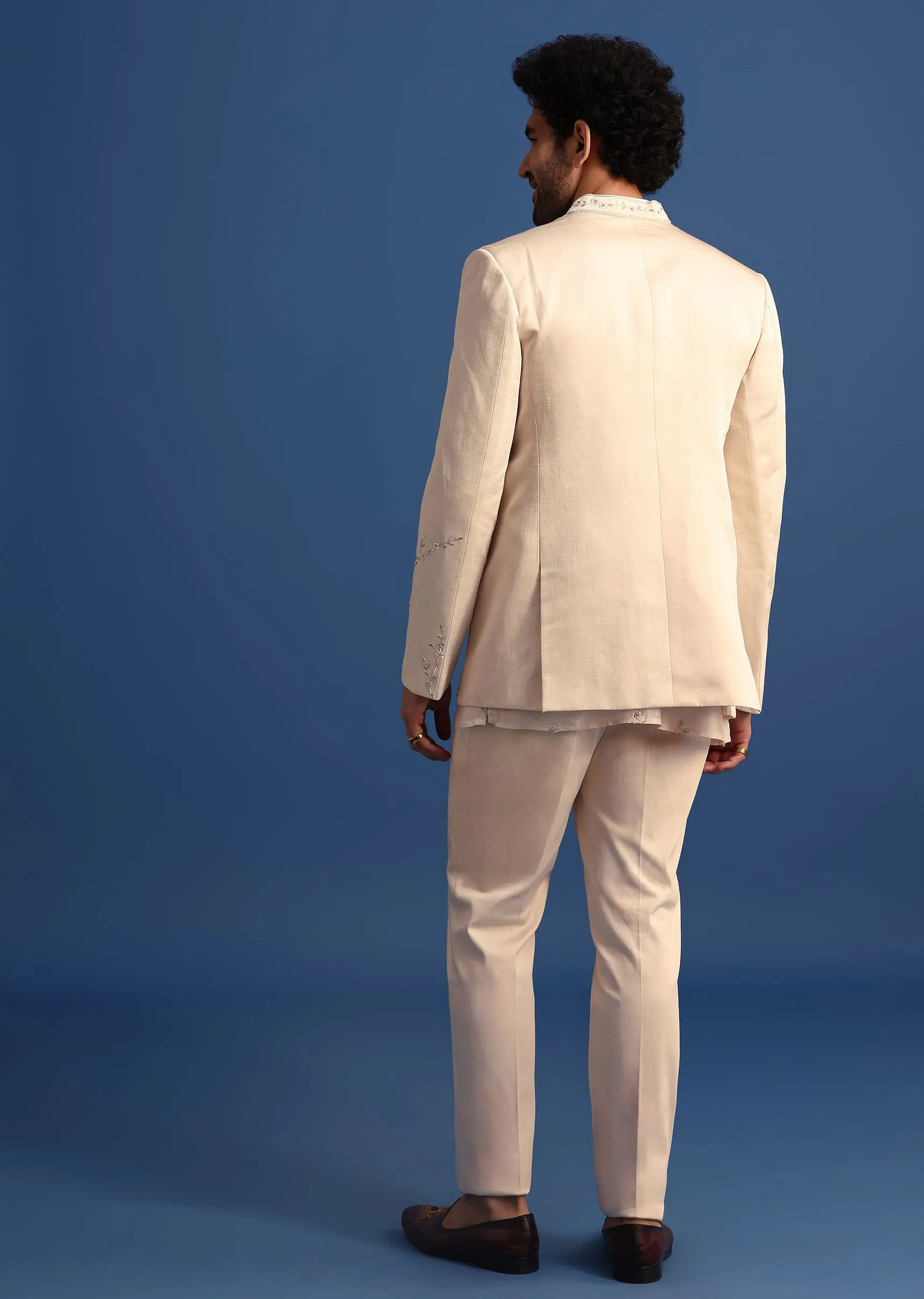 Off White Embroidered Linen Jodhpuri Suit
