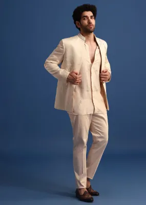 Off White Embroidered Linen Jodhpuri Suit