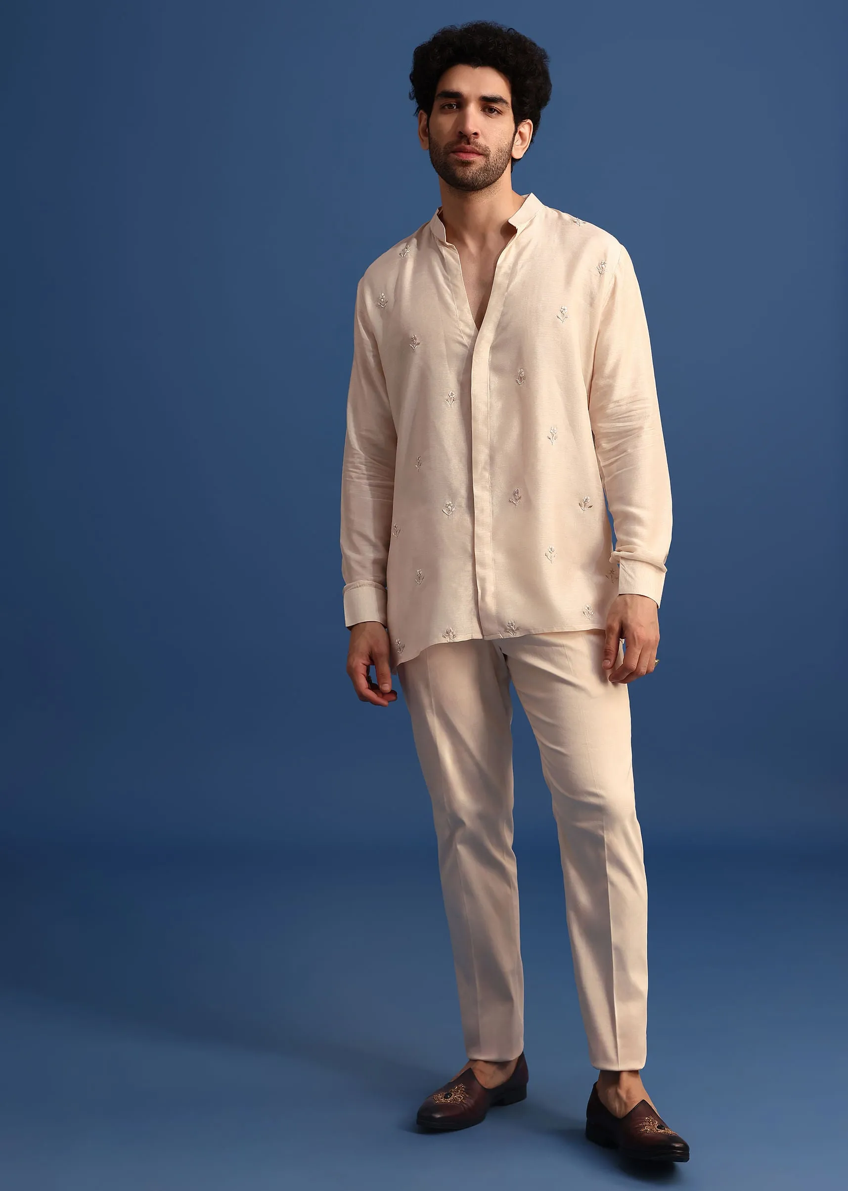 Off White Embroidered Linen Jodhpuri Suit