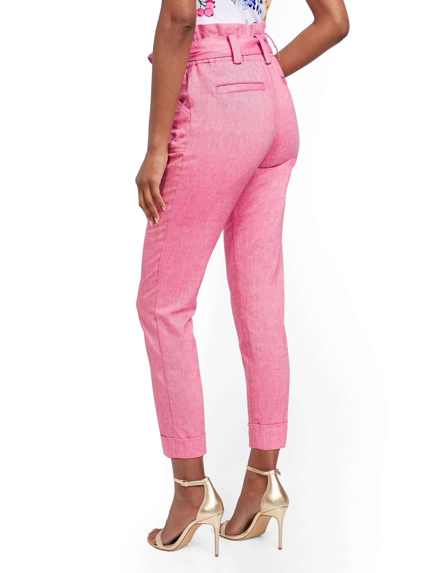 Pink Linen-Blend Paperbag-Waist Slim Ankle Pant