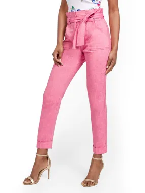 Pink Linen-Blend Paperbag-Waist Slim Ankle Pant