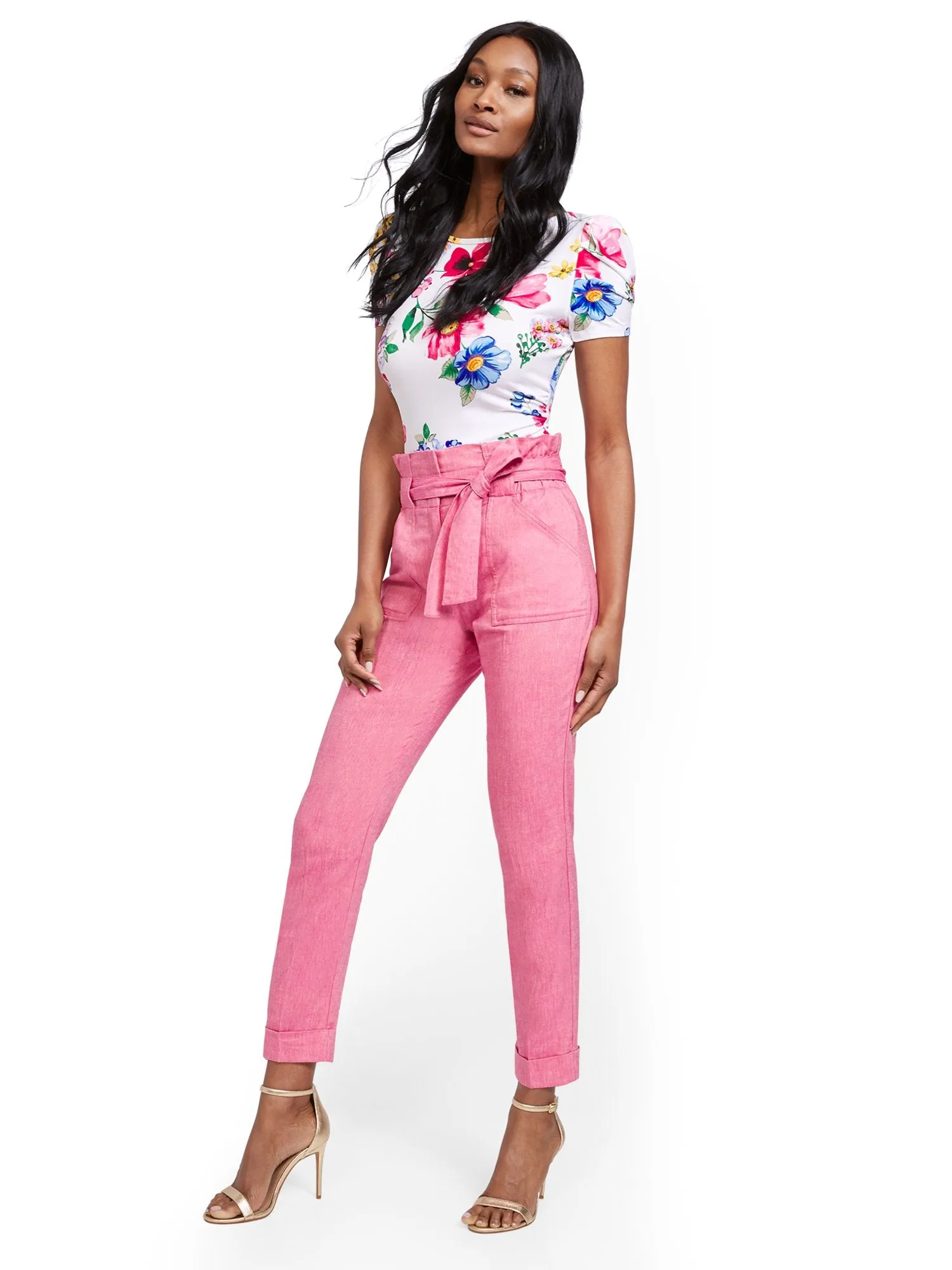 Pink Linen-Blend Paperbag-Waist Slim Ankle Pant