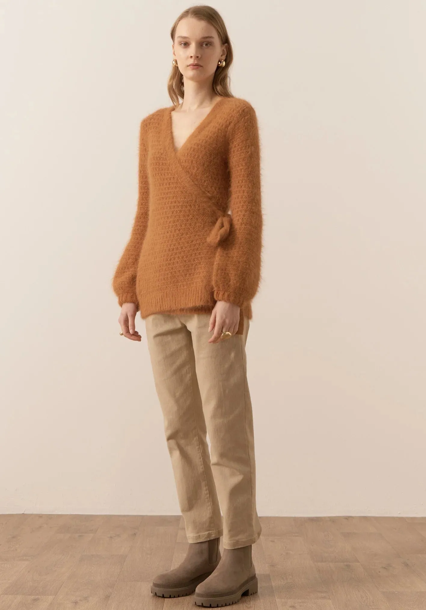 Pol Clothing Genus Pointelle Wrap Cardigan Toffee