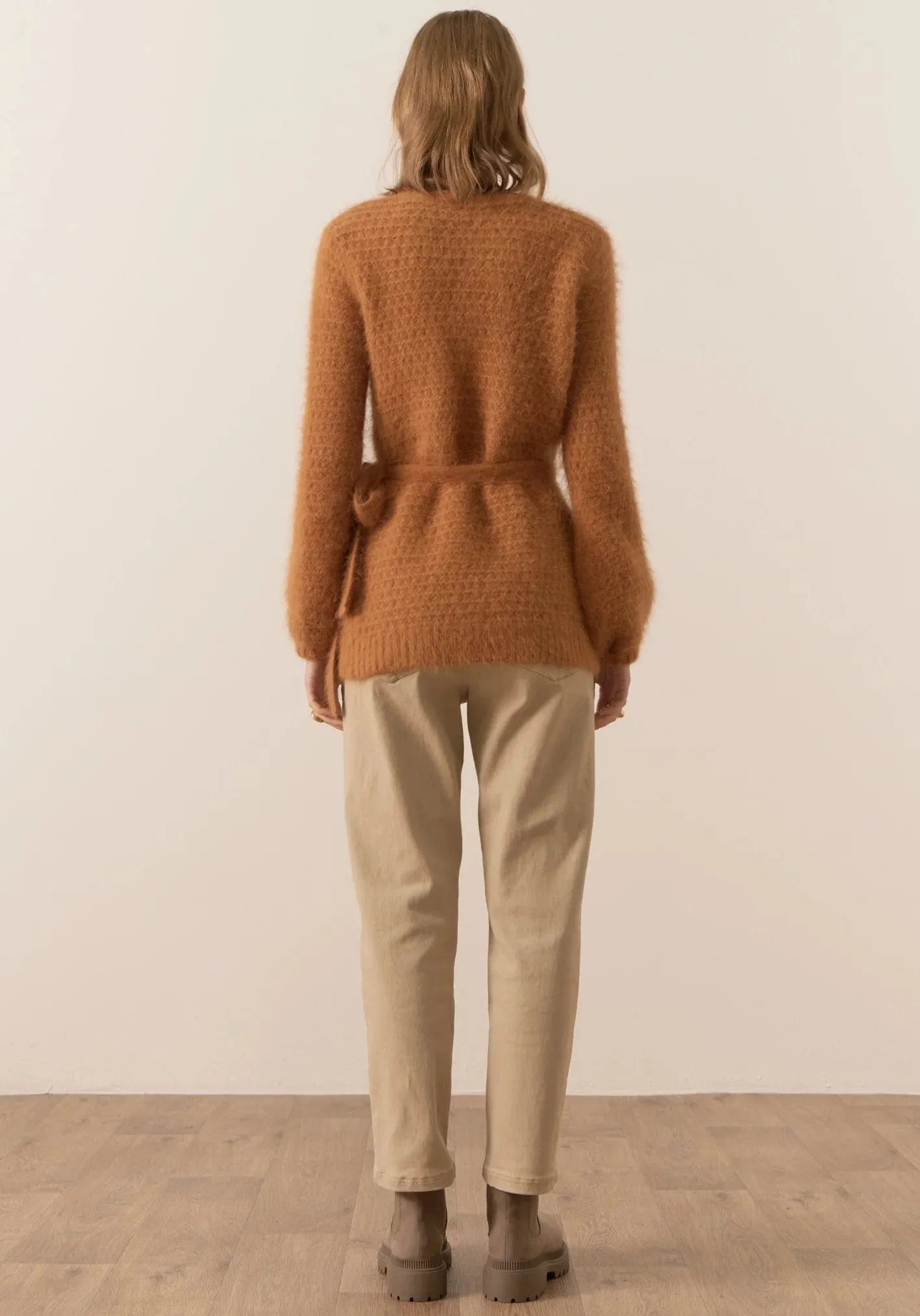 Pol Clothing Genus Pointelle Wrap Cardigan Toffee