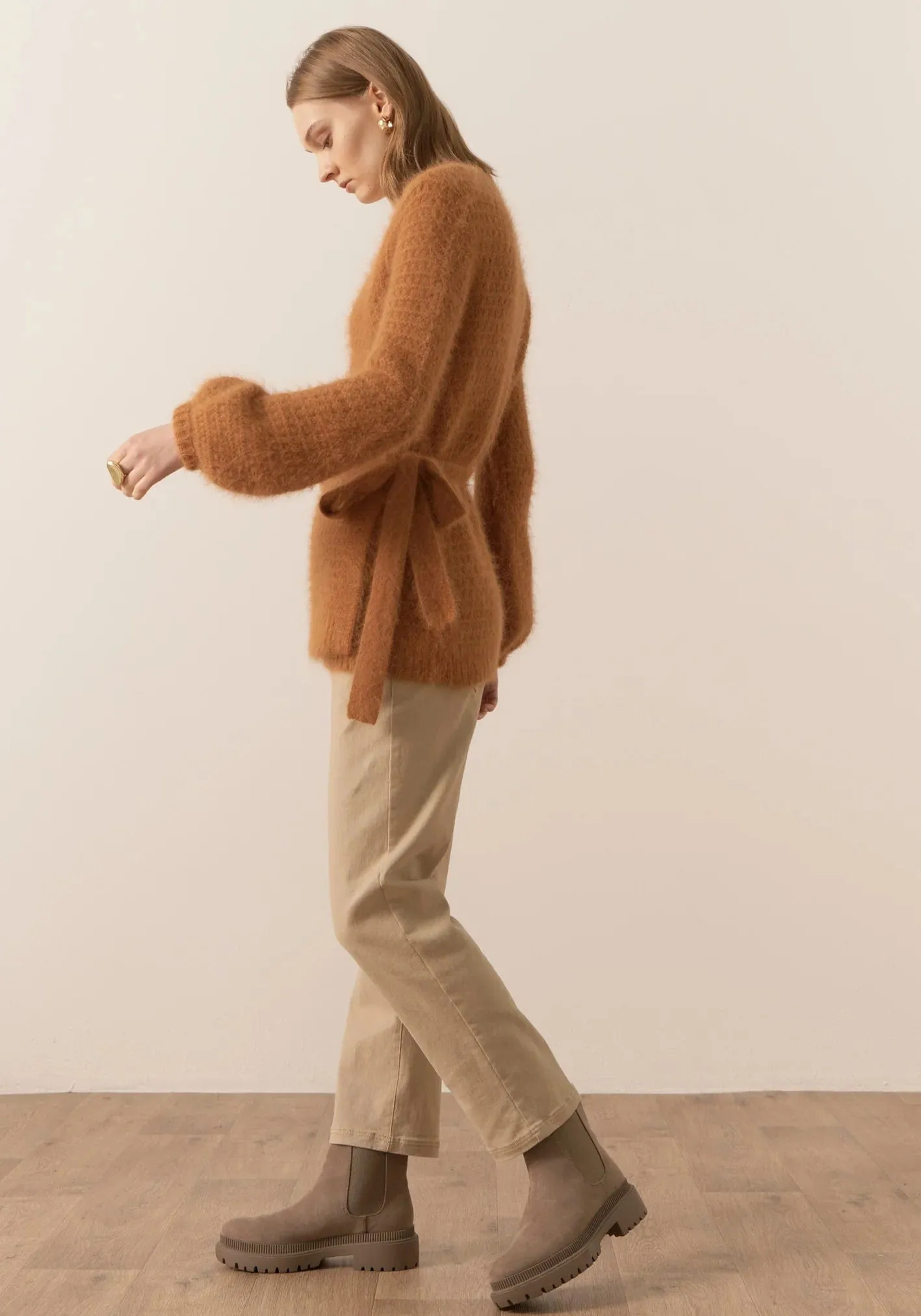 Pol Clothing Genus Pointelle Wrap Cardigan Toffee