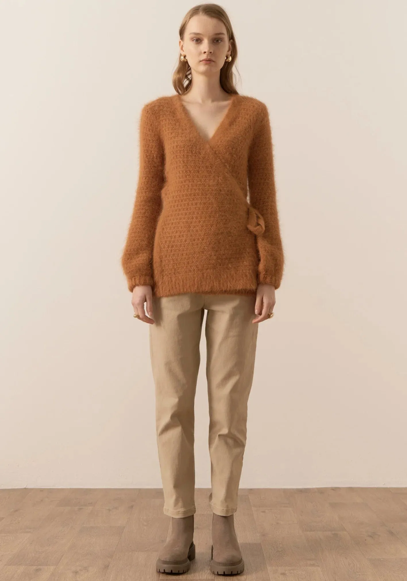 Pol Clothing Genus Pointelle Wrap Cardigan Toffee