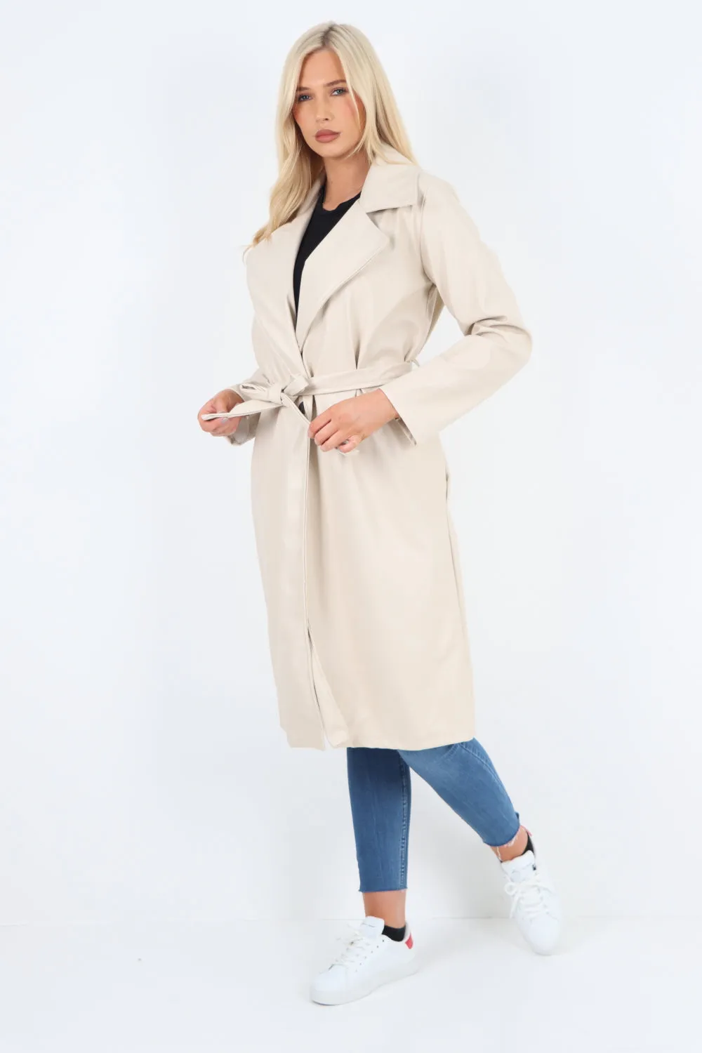PU Faux Leather Longline Waterfall Coat
