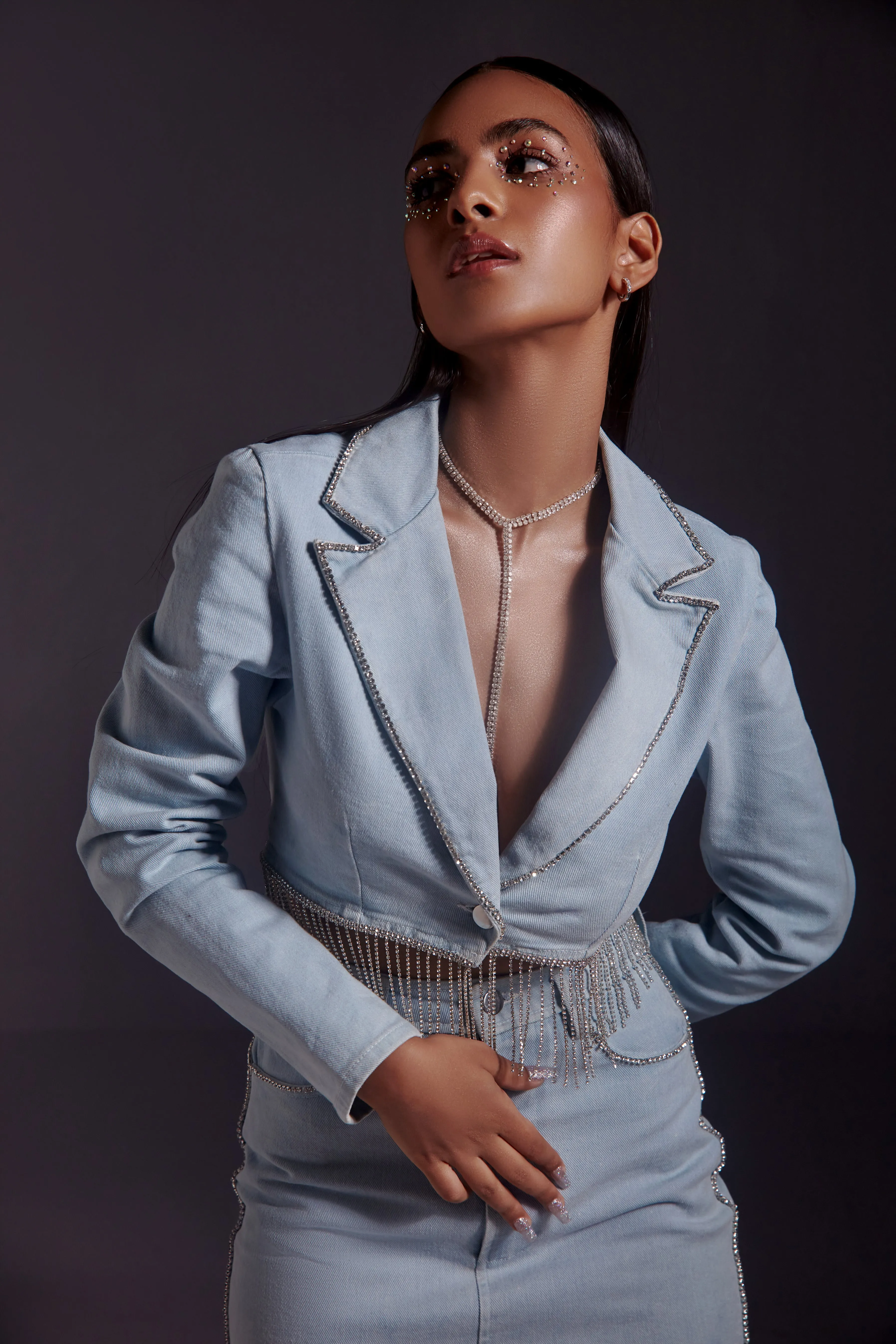 Rhinestone Embellished Cropped Denim Blazer