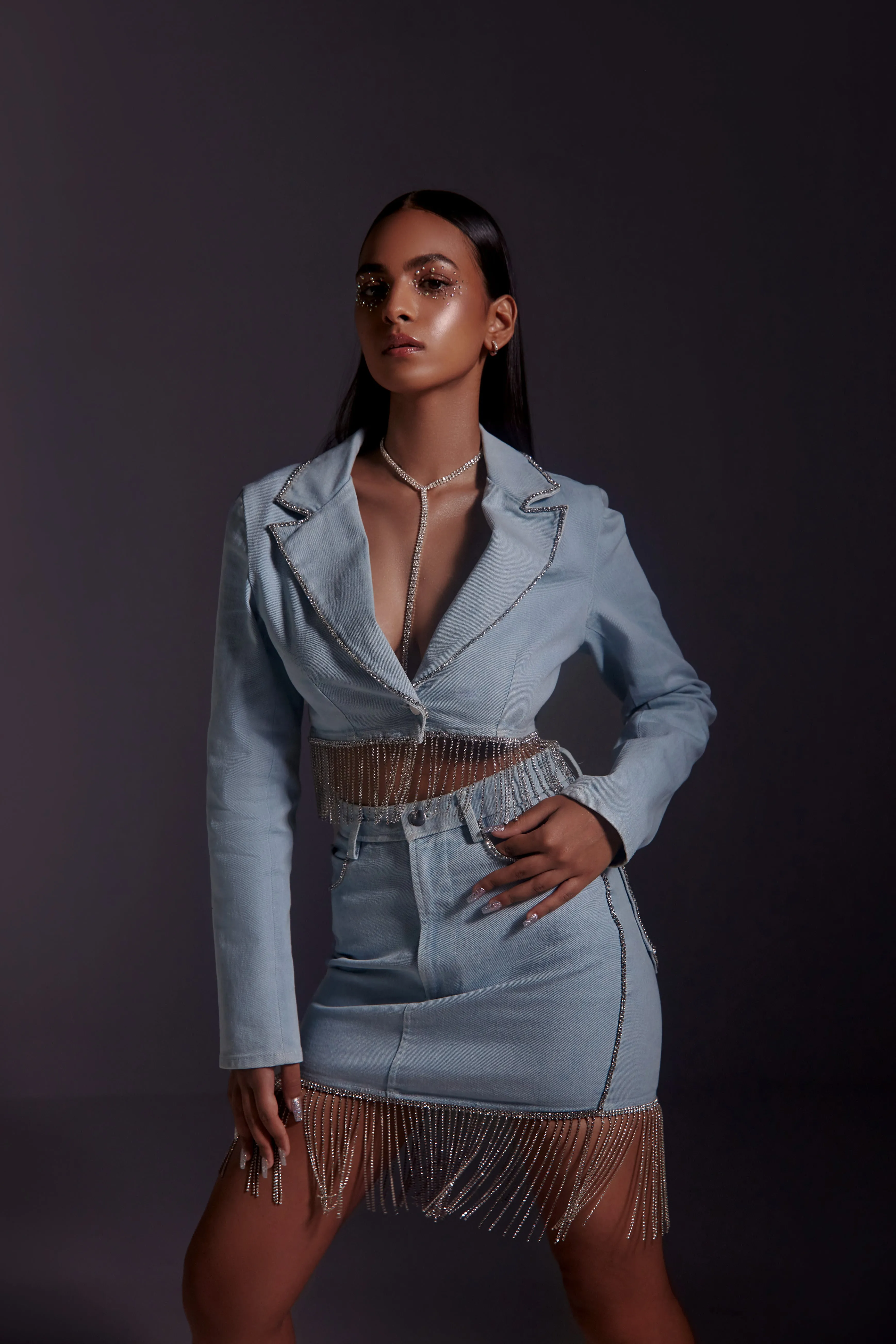 Rhinestone Embellished Cropped Denim Blazer