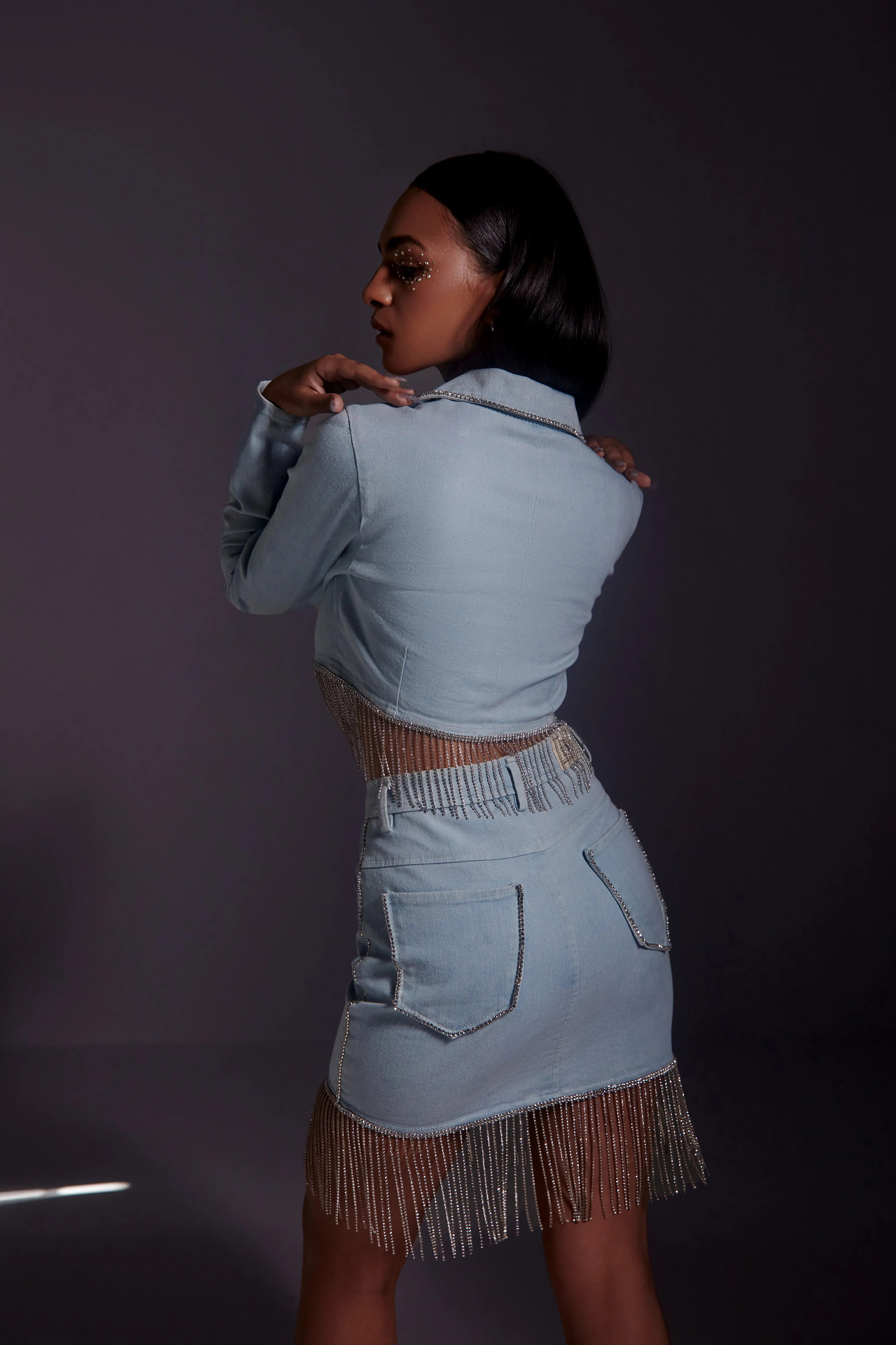 Rhinestone Embellished Cropped Denim Blazer