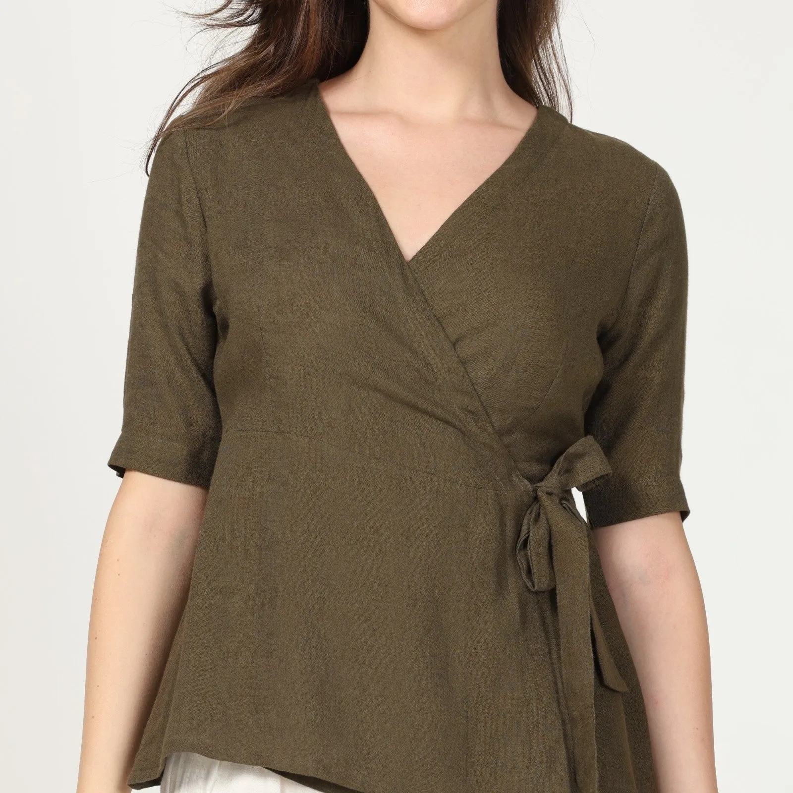 Solid Olive Green Women's Wrap Top | Linen | Ethereal Elegance