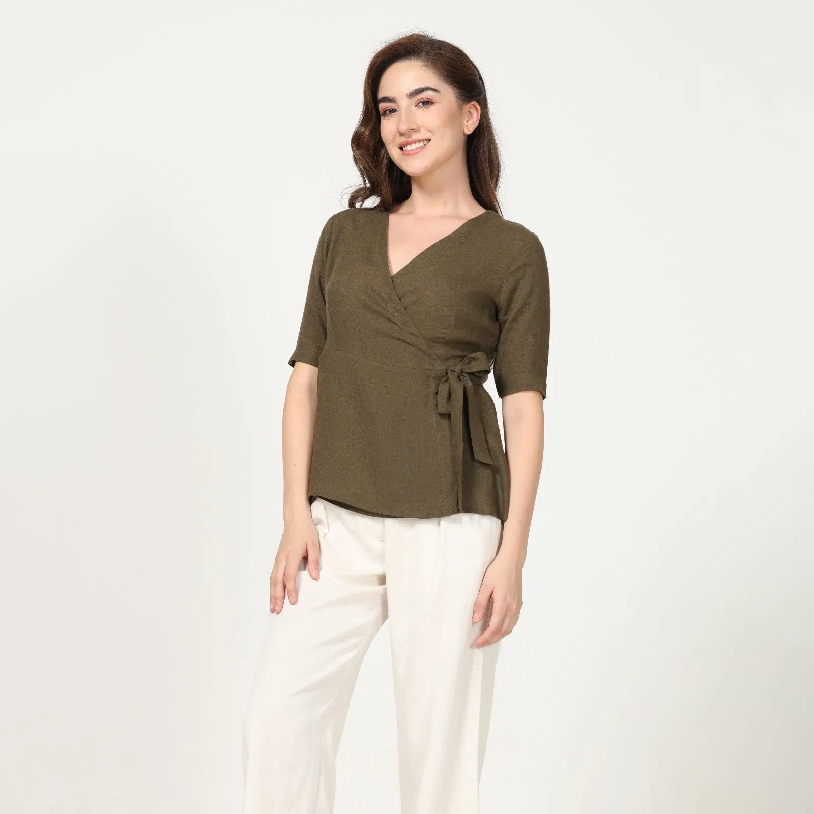 Solid Olive Green Women's Wrap Top | Linen | Ethereal Elegance