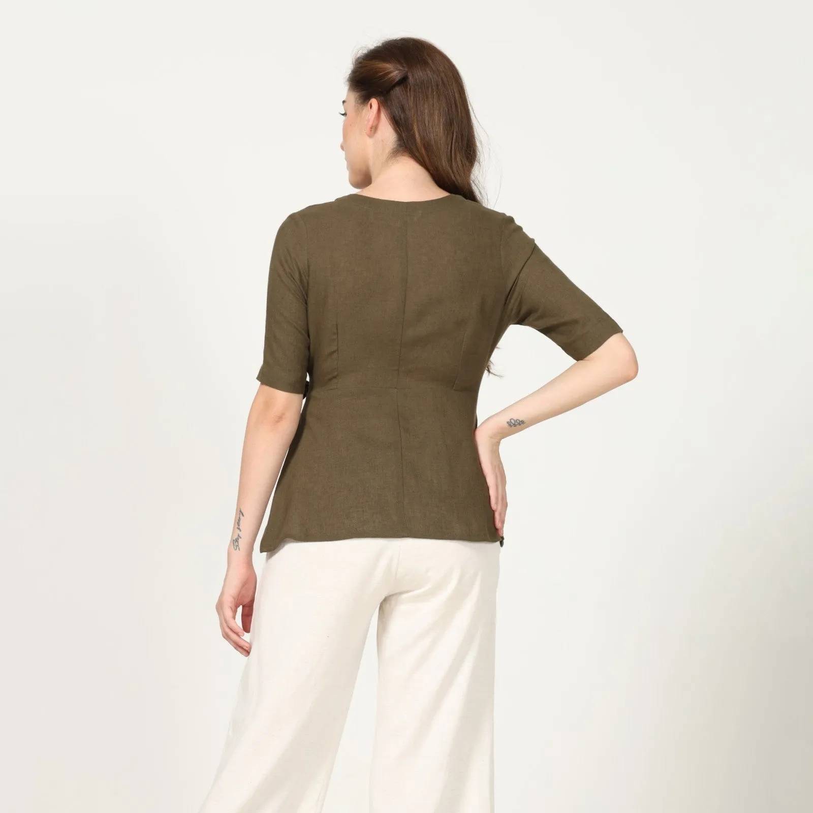 Solid Olive Green Women's Wrap Top | Linen | Ethereal Elegance